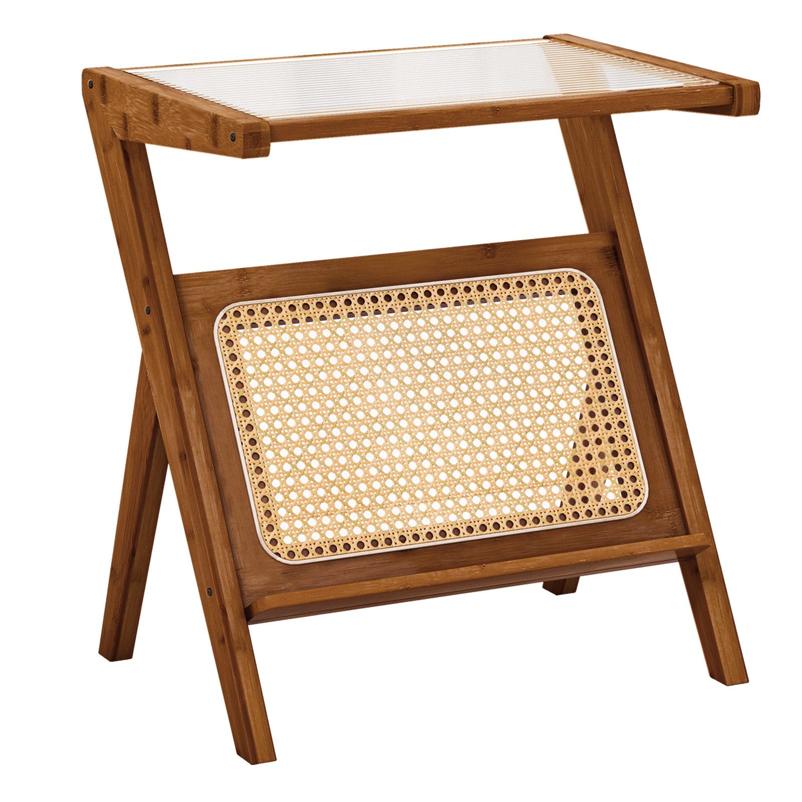 COSTWAY Couchtisch, Bambus, mit gehärteter Glasplatte & Rattan Magazinhalter