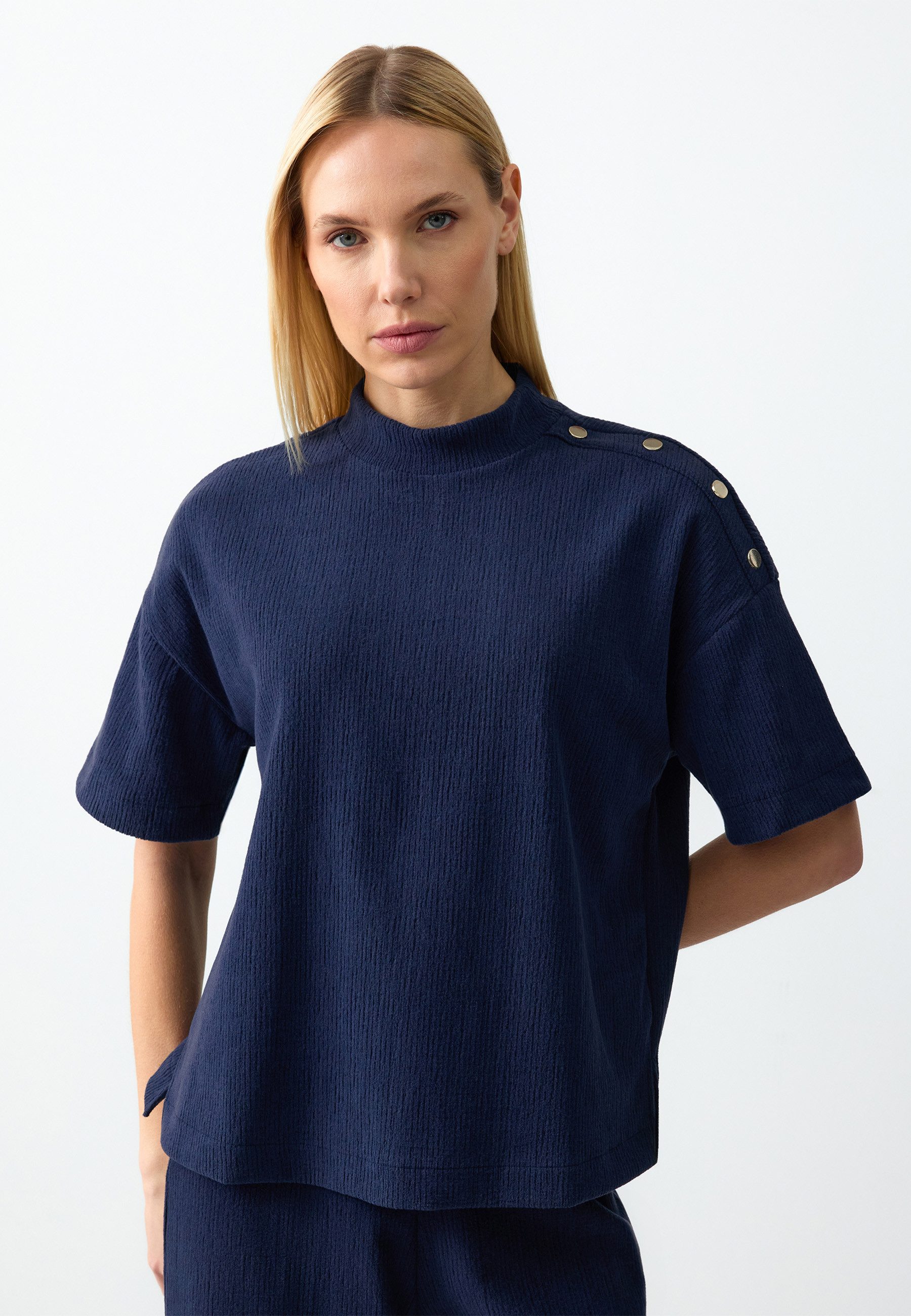 Jimmy Key T-Shirt Marineblaues Strukturiertes T-Shirt günstig online kaufen