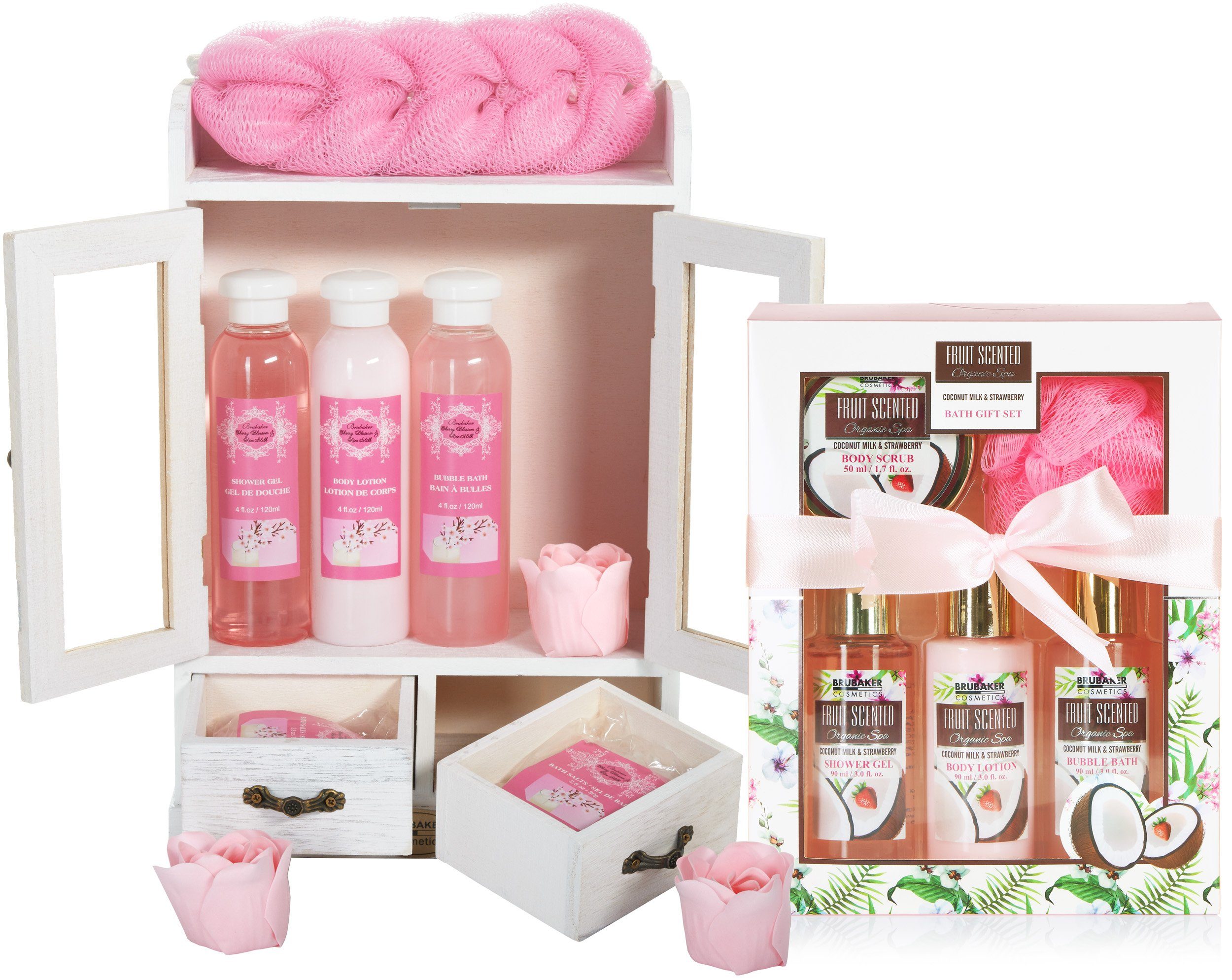 BRUBAKER Pflege-Geschenkset 2 in 1 Pflegeset Kirschblüte & Kokosnuss Erdbeere - Wellness Set, 15-tlg., Damen Dusch- und Badeset - Frauen Beauty Geschenkset mit Dekoration