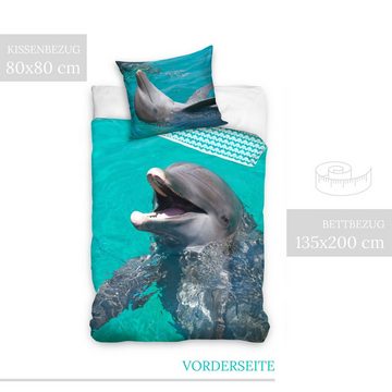 Bettwäsche Delfin 135x200 + 80x80 cm, 100 % Baumwolle, MTOnlinehandel, Renforcé, 2 teilig, Delphin, Meer, Ozean Bettwäsche-Set in blau & türkis