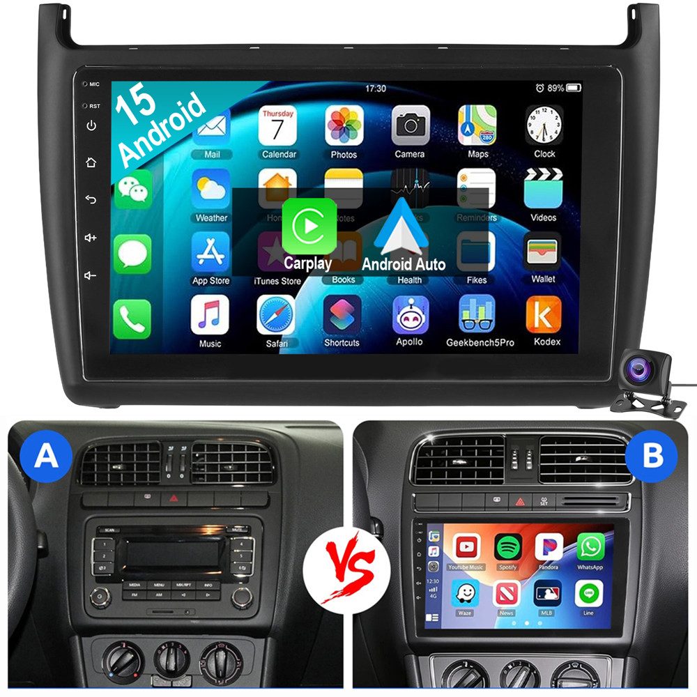 ESSGOO Für VW Polo 5 2009-2017 Andriod 15 Autoradio Autoradio (RDS, Digitalradio (DAB), FM, AM, Apple Carplay Android Auto GPS Navi WIFI BT SWC EQ)