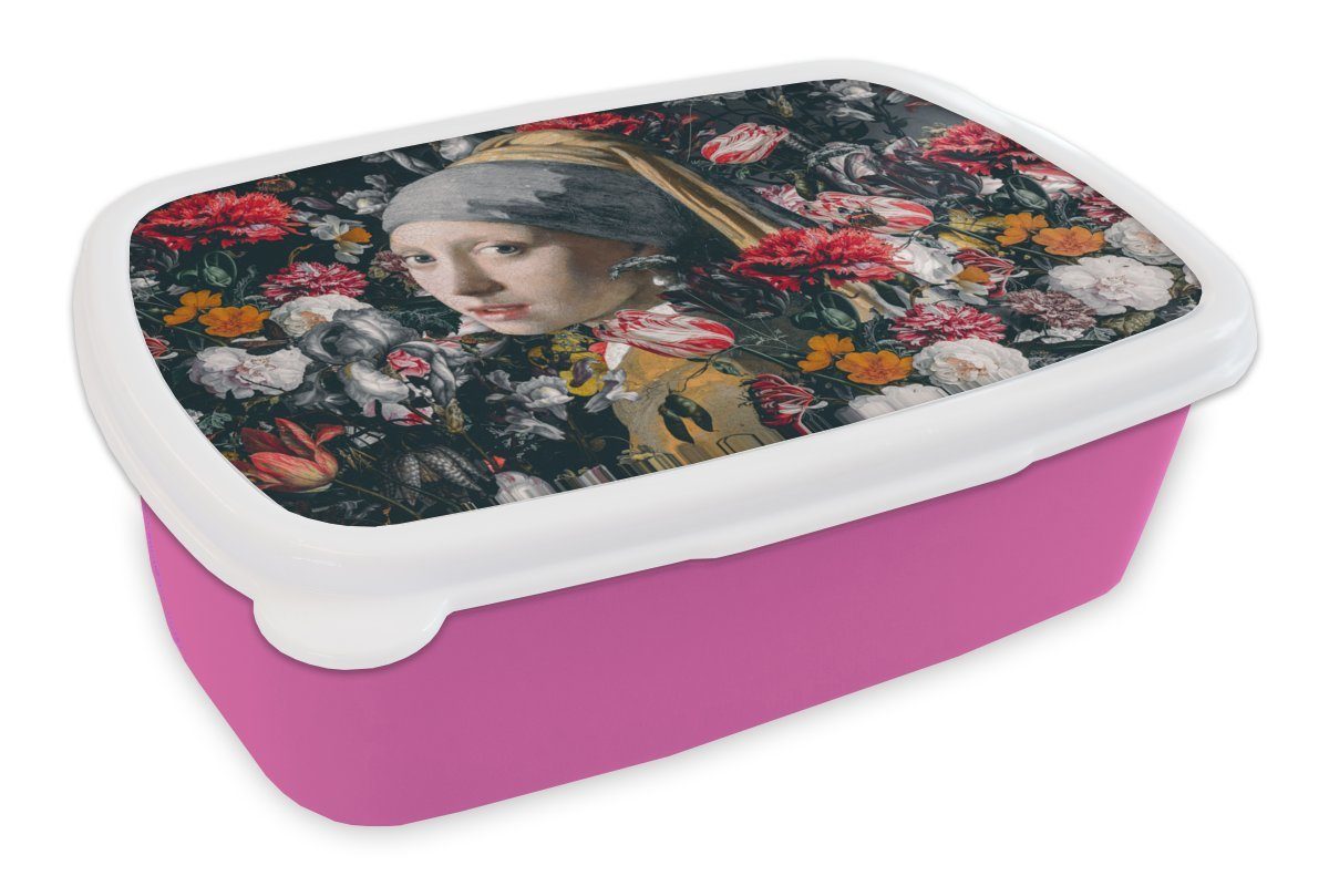 MuchoWow Lunchbox Das Mädchen mit dem Perlenohrring - Johannes Vermeer - Blumen, Kunststoff, (2-tlg), Brotbox für Erwachsene, Brotdose Kinder, Snackbox, Mädchen, Kunststoff rosa | Lunchboxen