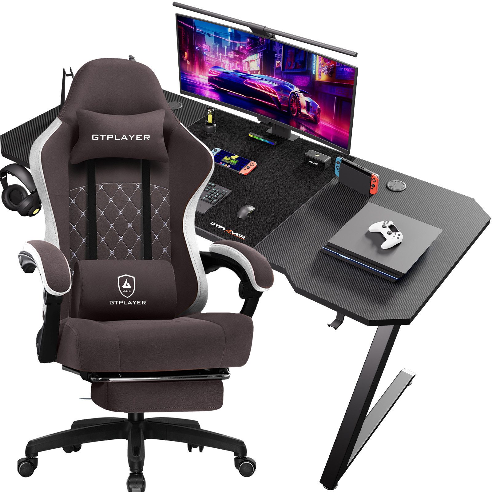 GTPLAYER Gaming-Stuhl Ergonomischer Gaming Sessel Schreibtischstuhl aus Stoff/Kunstleder (Pacekung), Federsitzkissen mit Fußstütze