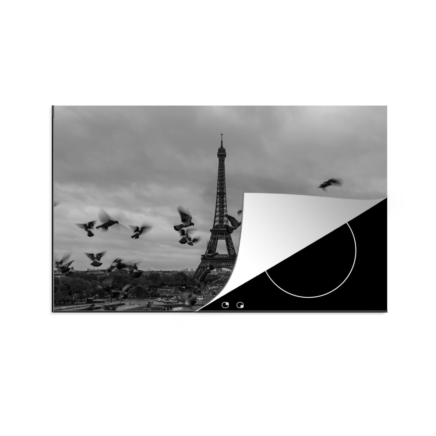MuchoWow Herdblende-/Abdeckplatte Vögel vor dem Eiffelturm, Vinyl, (1 tlg), 81x52 cm, Induktionskochfeld Schutz für die küche, Ceranfeldabdeckung