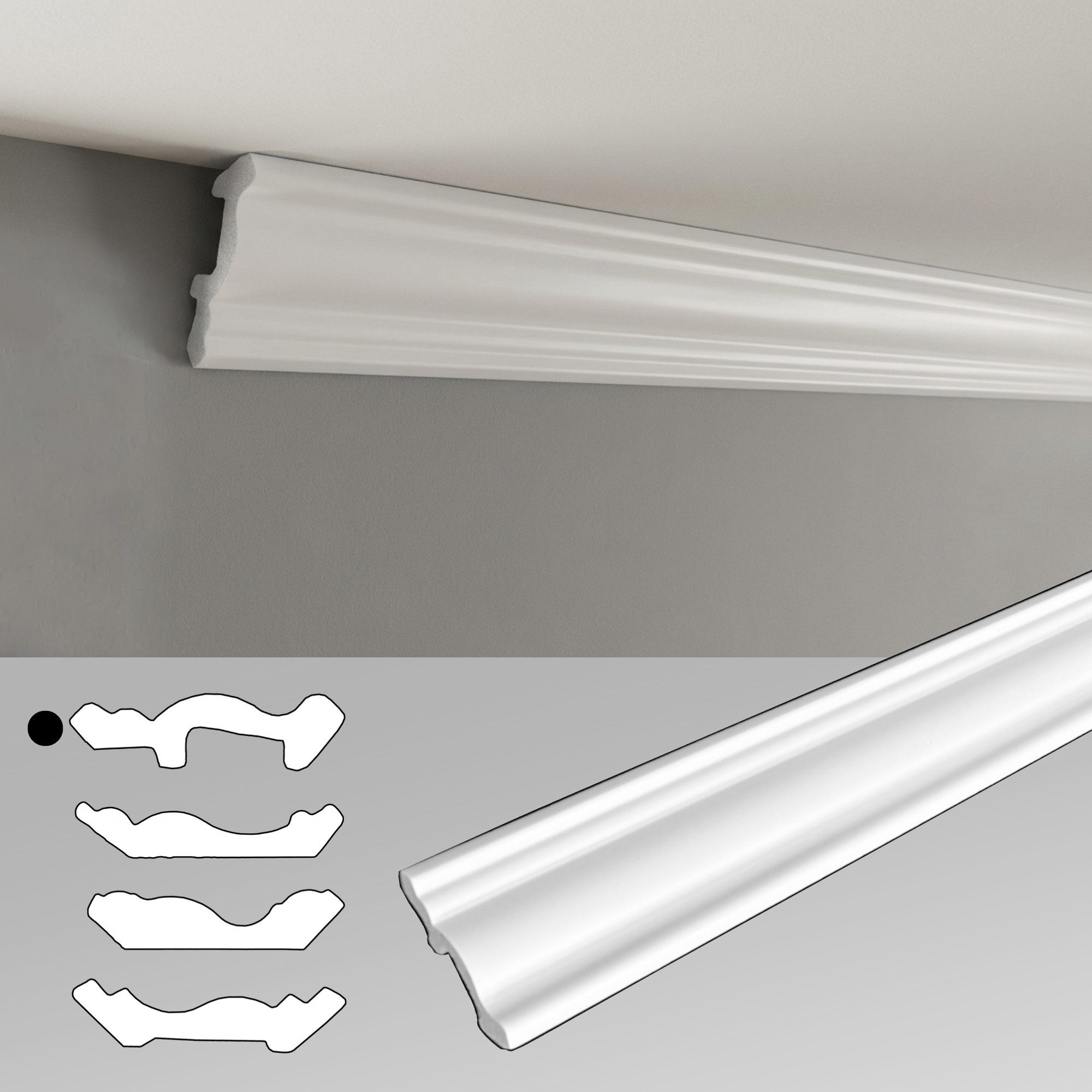 IKHEMalarka Deckenleiste 100 cm – Zierleisten - dekorative Stuckleisten für Wand & Decke, Montagekleber - Pattex DK Flex 1000, 4 Designprofile zur Auswahl, Einzelleiste, leicht, hart & formstabil - überstreichbar