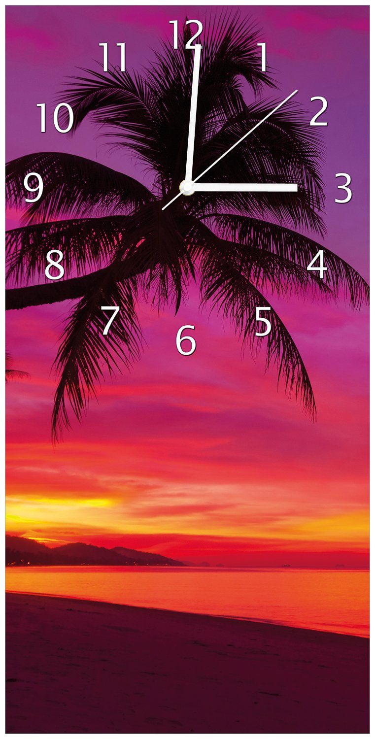 Wallario Wanduhr Abendrot unter Palmen - pinker Himmel am Strand (Uhr aus Acryl)