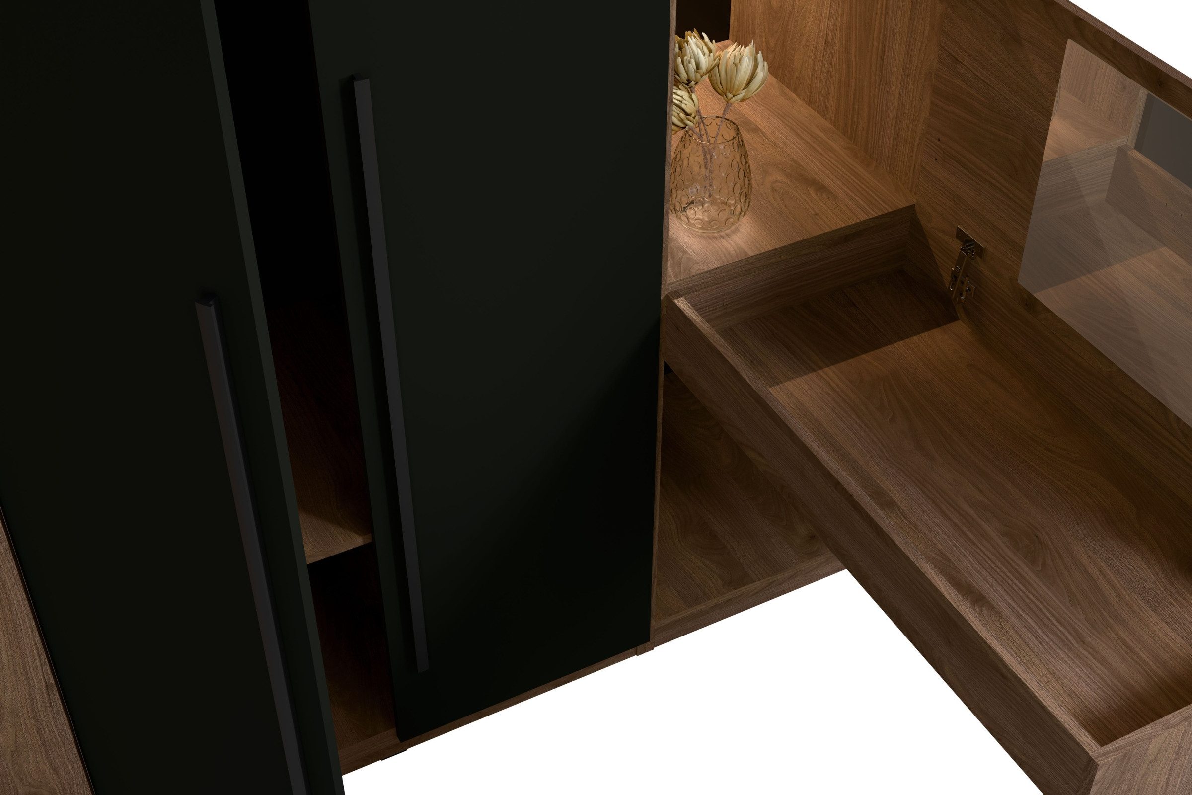 Deine Möbel 24 Kleiderschrank VASSA 180 cm mit Schminktisch und Regal in Nussbaum / Schwarz (Set, 1-St., Schlafzimmer-Schrank, großer Drehtürenschrank) mit LED-Beleuchtung, 2 Kleiderstangen und 4 Regalböden