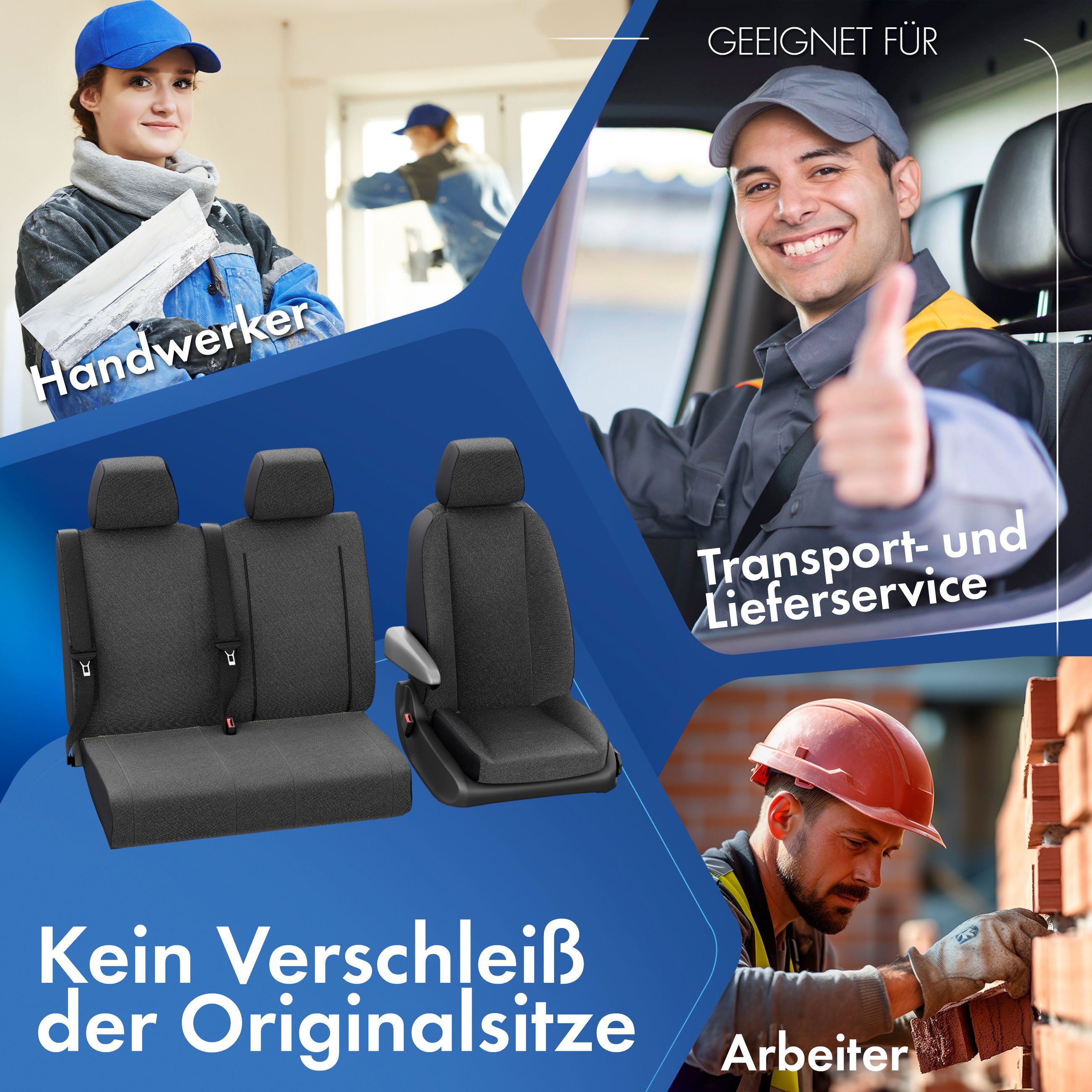 WALSER Autositzbezug Transporter VW Crafter Passfor, 1 Einzelsitzbezug vorne mit Ausnehmung Armlehne, 1 Doppelbankbezug vorne Sitzbank klappbar, Ausnehmung Tisch, 3 Kopfstützenbezüge, 7-tlg.