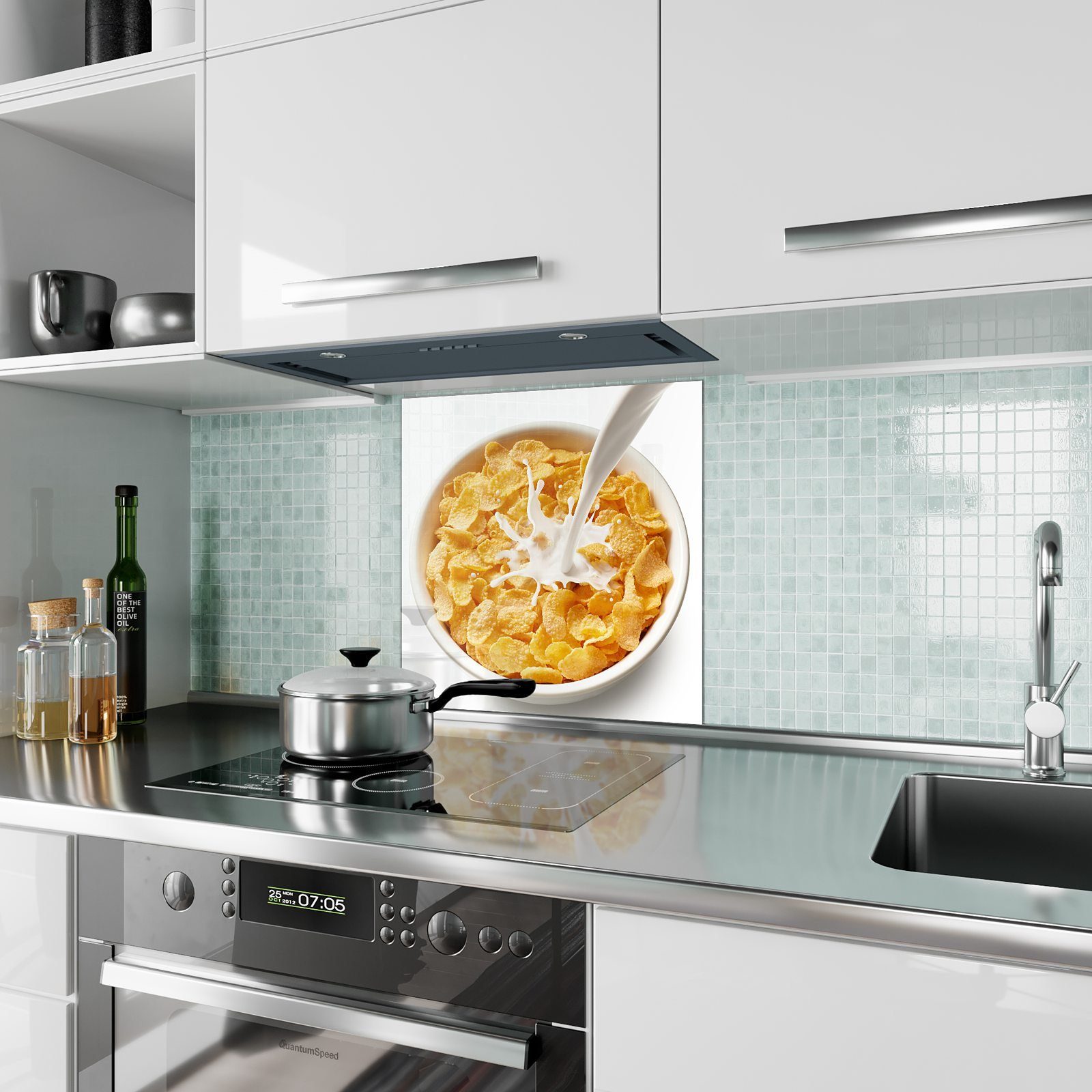 Primedeco Küchenrückwand Küchenrückwand Spritzschutz mit Milch Müsli Glas mit Motiv