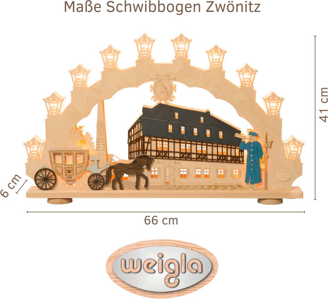 Weigla Schwibbogen Zwönitz, Lichterbogen aus Holz, Fachwerkhaus, Made in Germany (1-tlg), Erzgebirge garantiert, Weihnachtsdeko Innen, Weihnachtsbeleuchtung