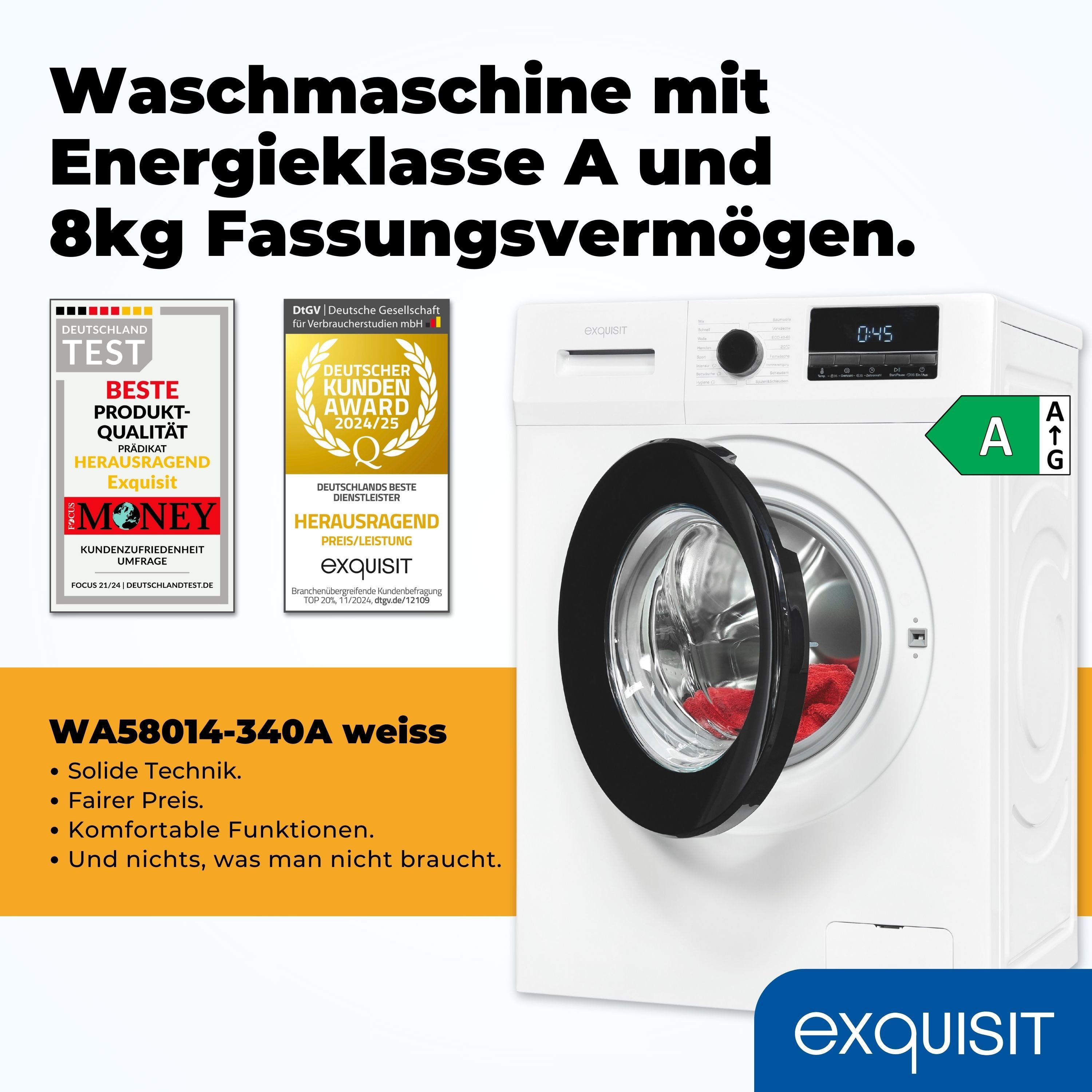 exquisit Waschmaschine WA58014-340A, 8 kg, 1400 U/min, 8kg, Energieklasse A, 16 Waschprogramme, Startzeitvorwahl, Aquastop