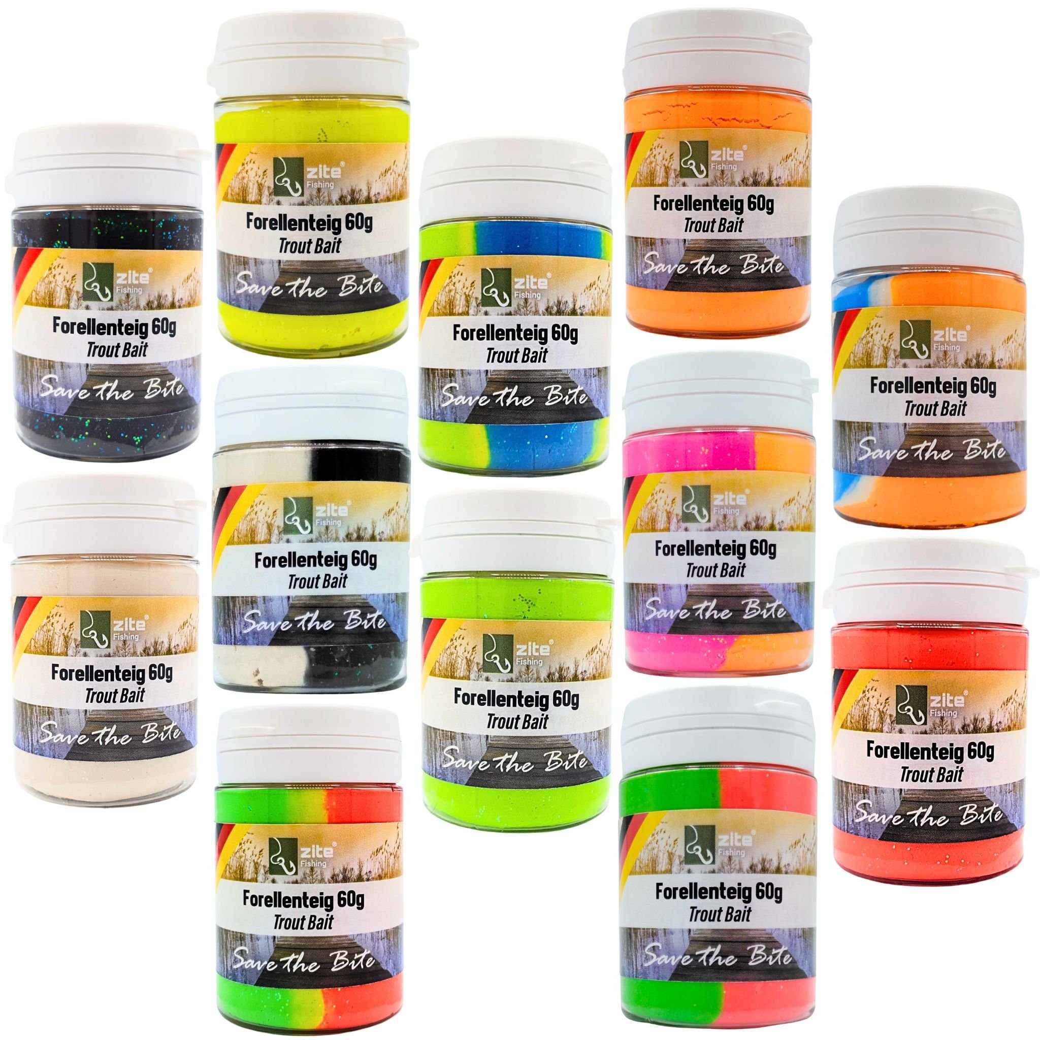 Zite Kunstköder Forellenteig XXL-Set - 12x60g Glitter Trout Bait - 12 Aromen & Farben, UV Aktiv