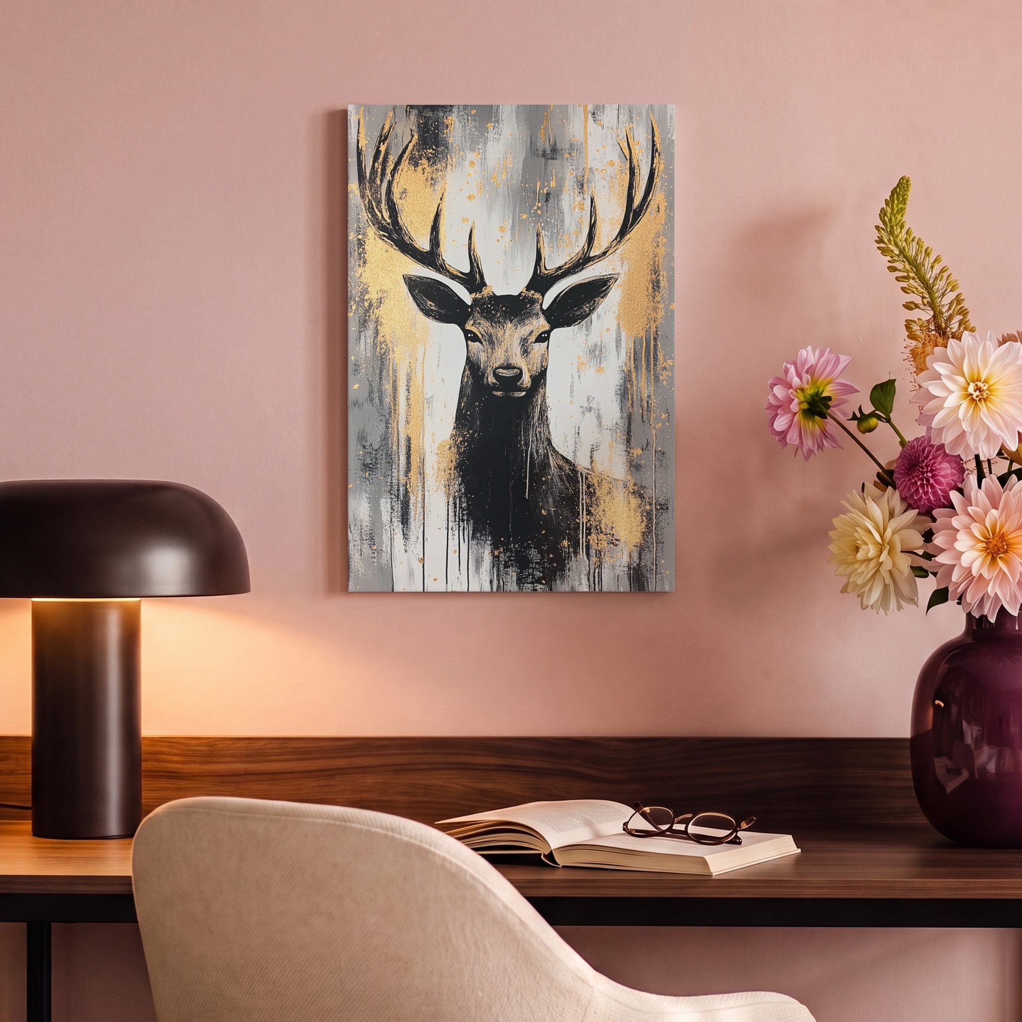 OneMillionCanvasses® Leinwandbild Abstrakt - Hirsch - Geweih - Gold, Fotodruck (1 St), Leinwand Bilder Klein, Wand Dekoration Aesthetic 30x20 cm – Bild 4 von 5