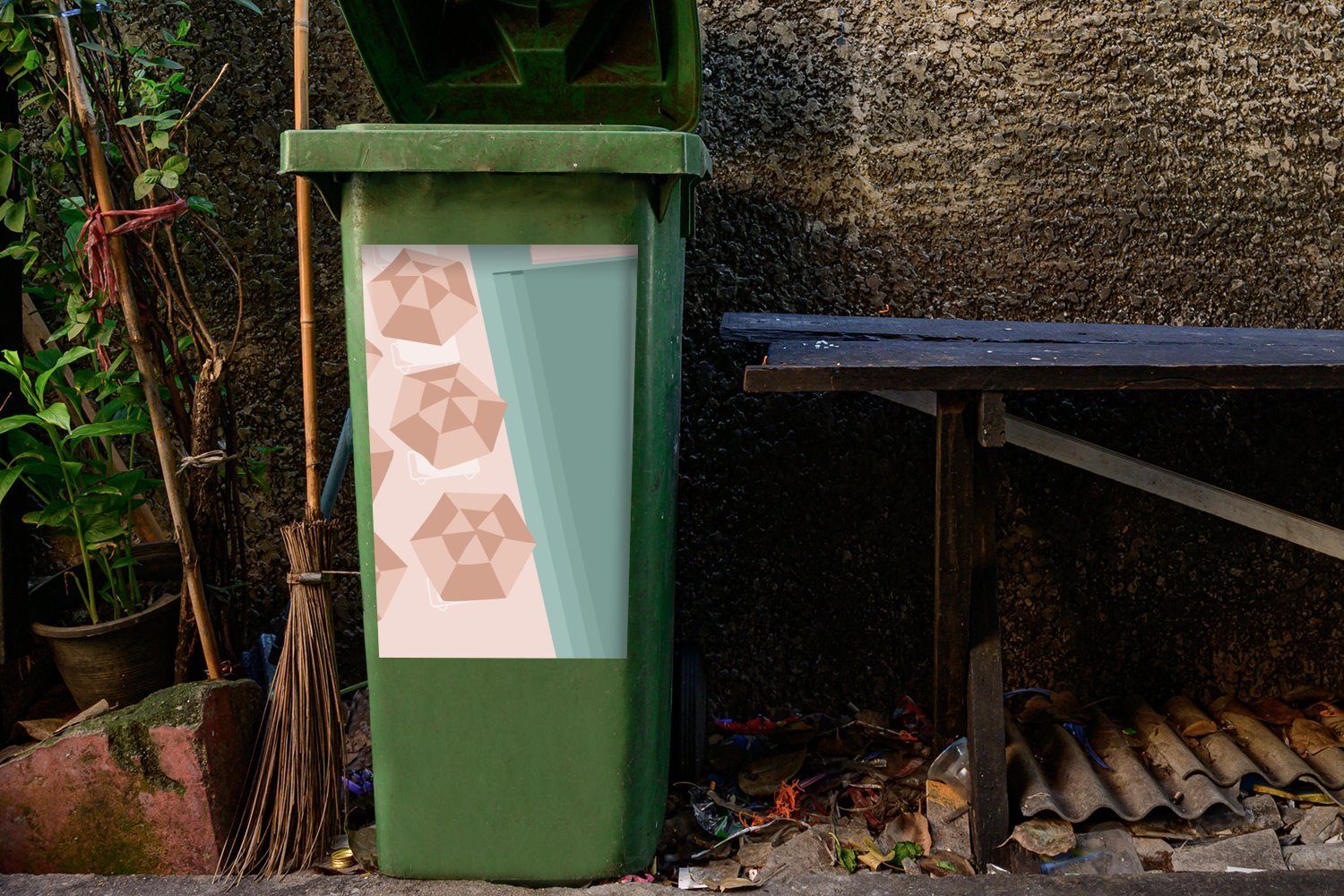 Wandsticker Sticker, Mülleimer-aufkleber, Mülltonne, Sommer Container, (1 - Sonnenschirme - St), MuchoWow Strandstühle Abfalbehälter