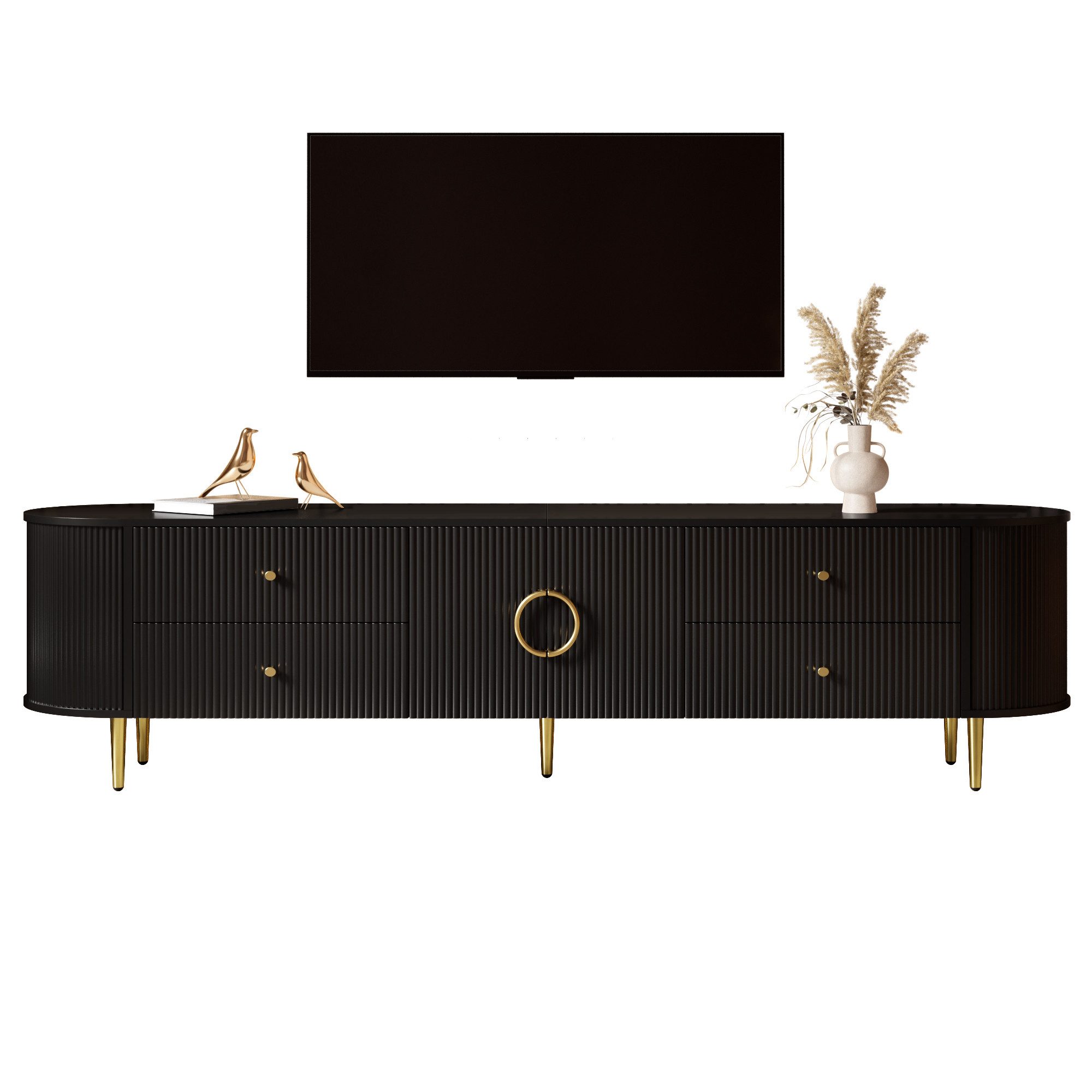 Merax Lowboard mit 3D Wellenfront & abgerundeten Kanten (180 x 40 x 38 cm, 1 St., TV Möbel mit Aluminiumgriffen & Kabeldurchlass), TV-Schrank mit 4 Schubladen, 2 Türen und Eisenfüßen