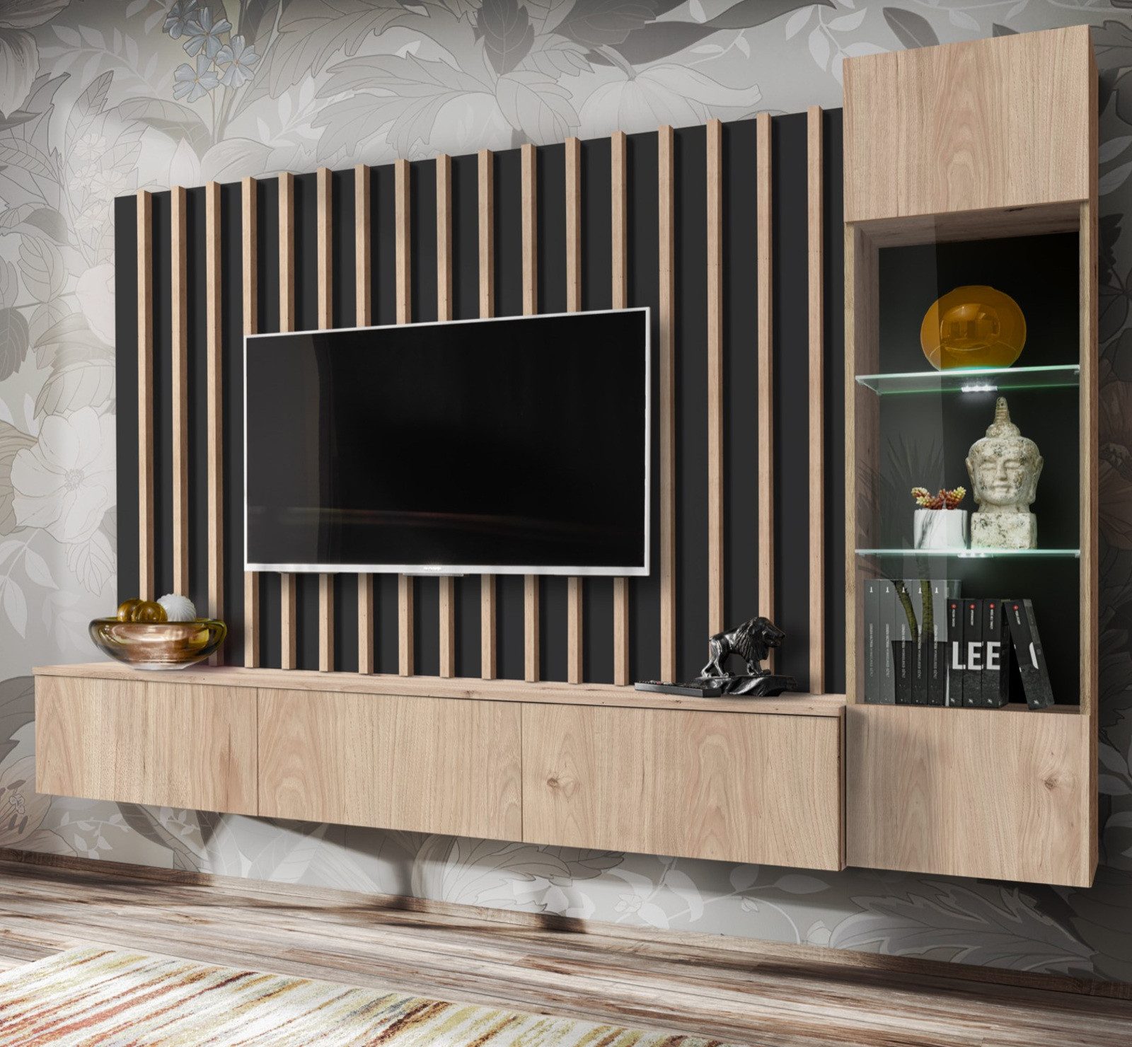 Furn.Design Wohnwand Pearl, (Mediawand in Eiche Dekor mit schwarz, 3-teilig günstig online kaufen