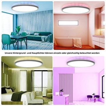 LETGOSPT Deckenleuchte 24W Deckenlampe, RGB Hintergrundbeleuchtung mit Fernbedienung Dimmbar, LED fest integriert, RGB, warmweiß, naturweiß, tageslichtweiß, RGB Flach Rund Deckenbeleuchtung, für Schlafzimmer Küche Wohnzimmer