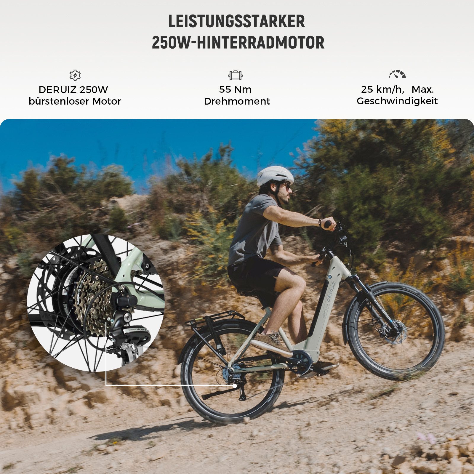 DERUIZ E-Bike Trekkingrad Quartz SUV 27,5 Zoll, bis 160 km, Drehmomentsensor, RH 46 cm, 8 Gang Shimano, Kettenschaltung, Heckmotor 250W, 644 Wh, (5 Stufen,Lockout-Federgabel,LCD-Farb-Display,120 Lux Frontlicht)