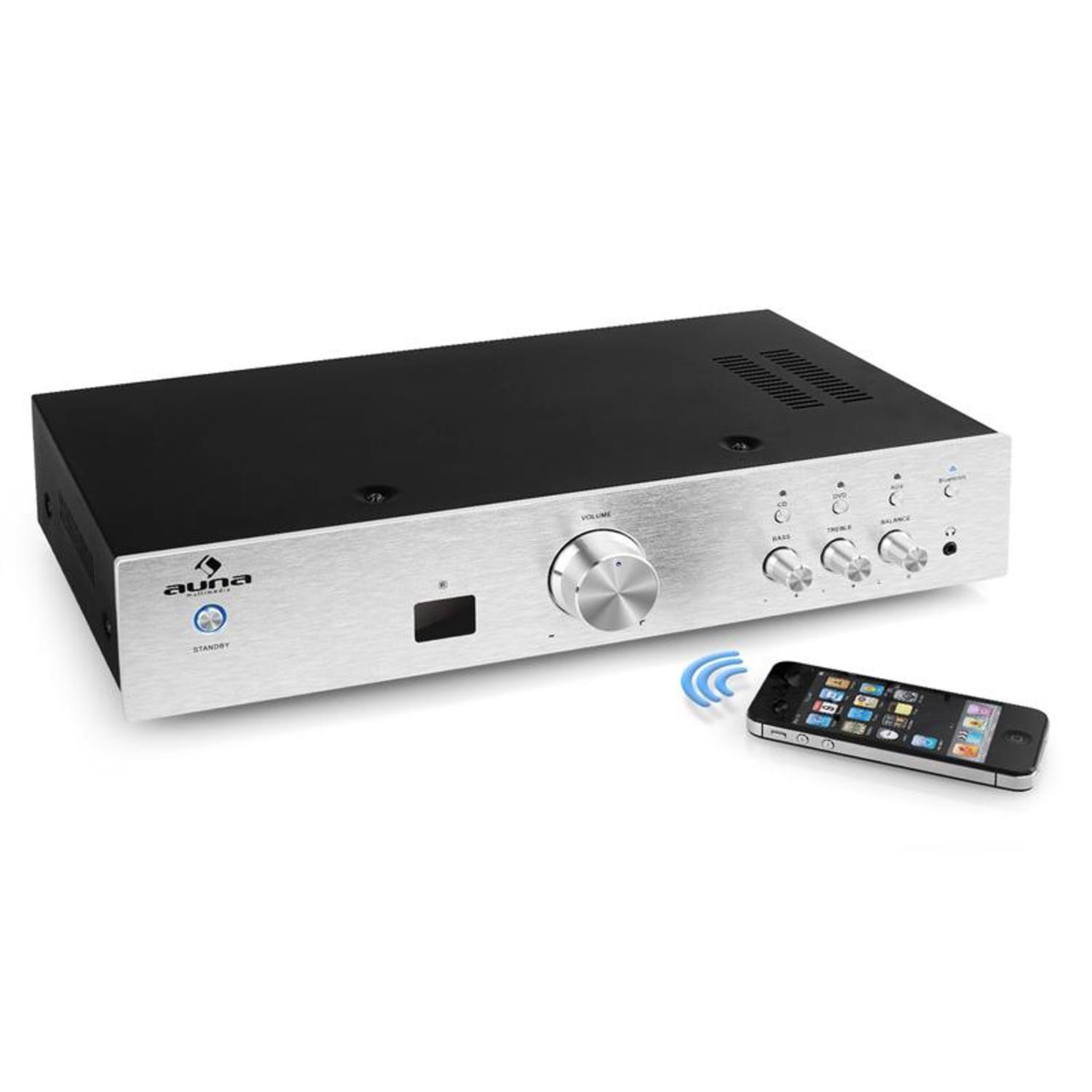 Auna AV2-CD508BT W) Kanäle: für (Anzahl 3 DVD-Player Stereo-Cinch-Line-Eingänge Silber sowie Audioverstärker 125 CD-Player, AUX-Quellen