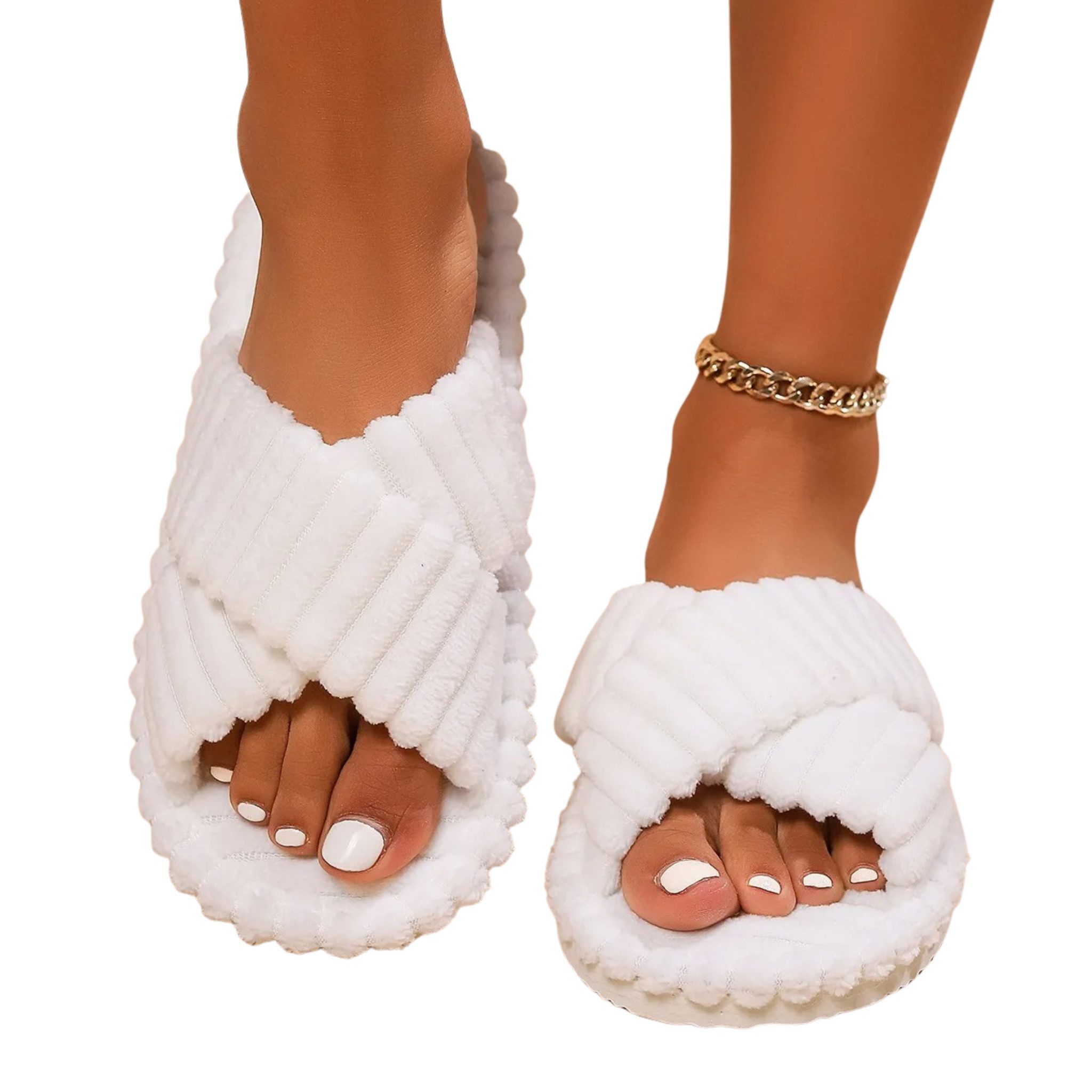 NEXORA Damen Hausschuhe flauschig – Kuschelige Pantoffeln mit Kreuzriemen Plüsch Hausschuhe (Paar, Paar) kuschelige Plüsch-Hausschuhe mit rutschhemmender Sohle