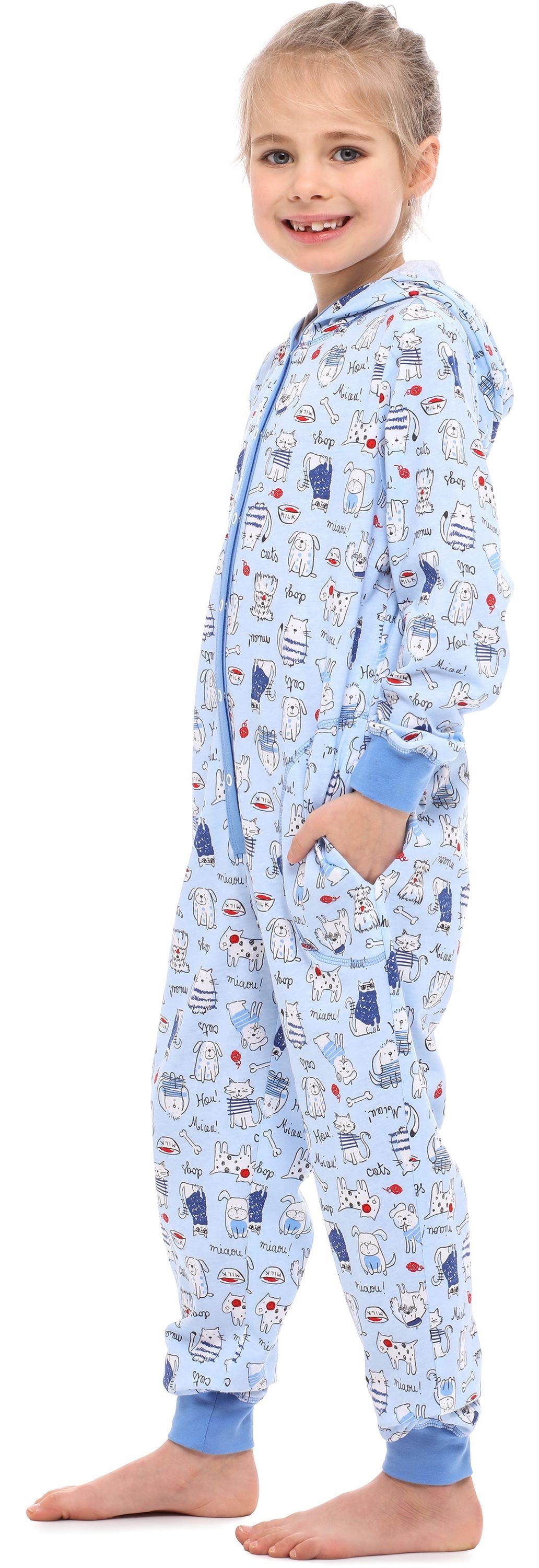 MS10-223 Style Kapuze Schlafanzug Mädchen mit Merry Hunde Schlafoverall Blau Katze