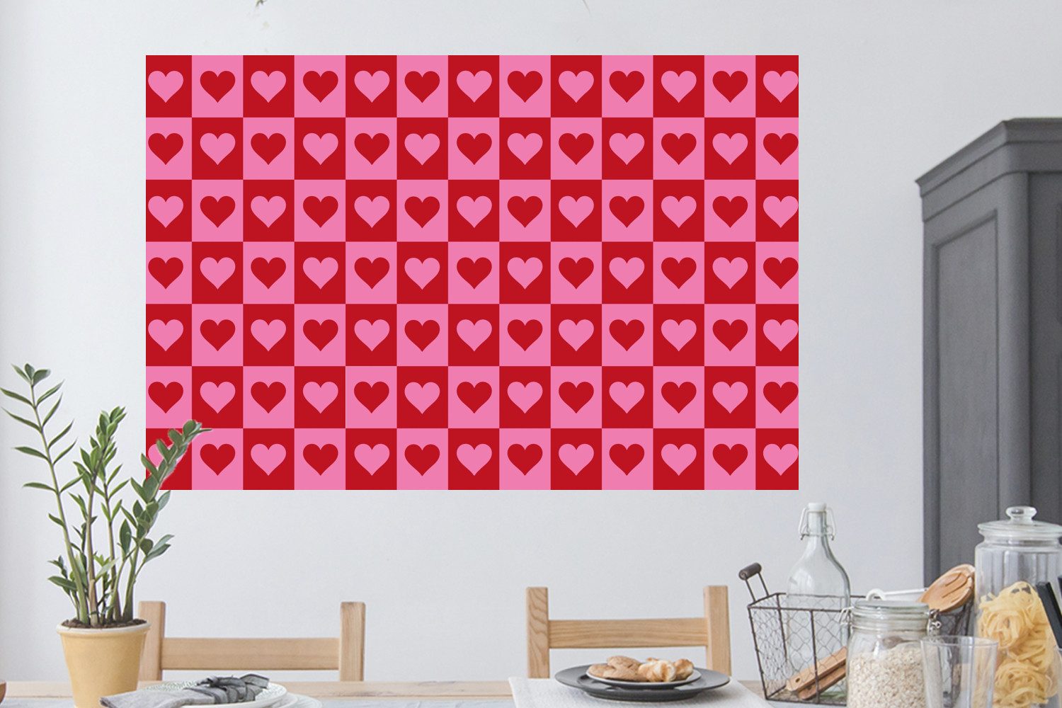 MuchoWow Wandsticker Rot - Rosa - Schachbrett - Valentinstag (1 St), Wanddeko, Aufkleber, Wandtattoo, 120x80 cm