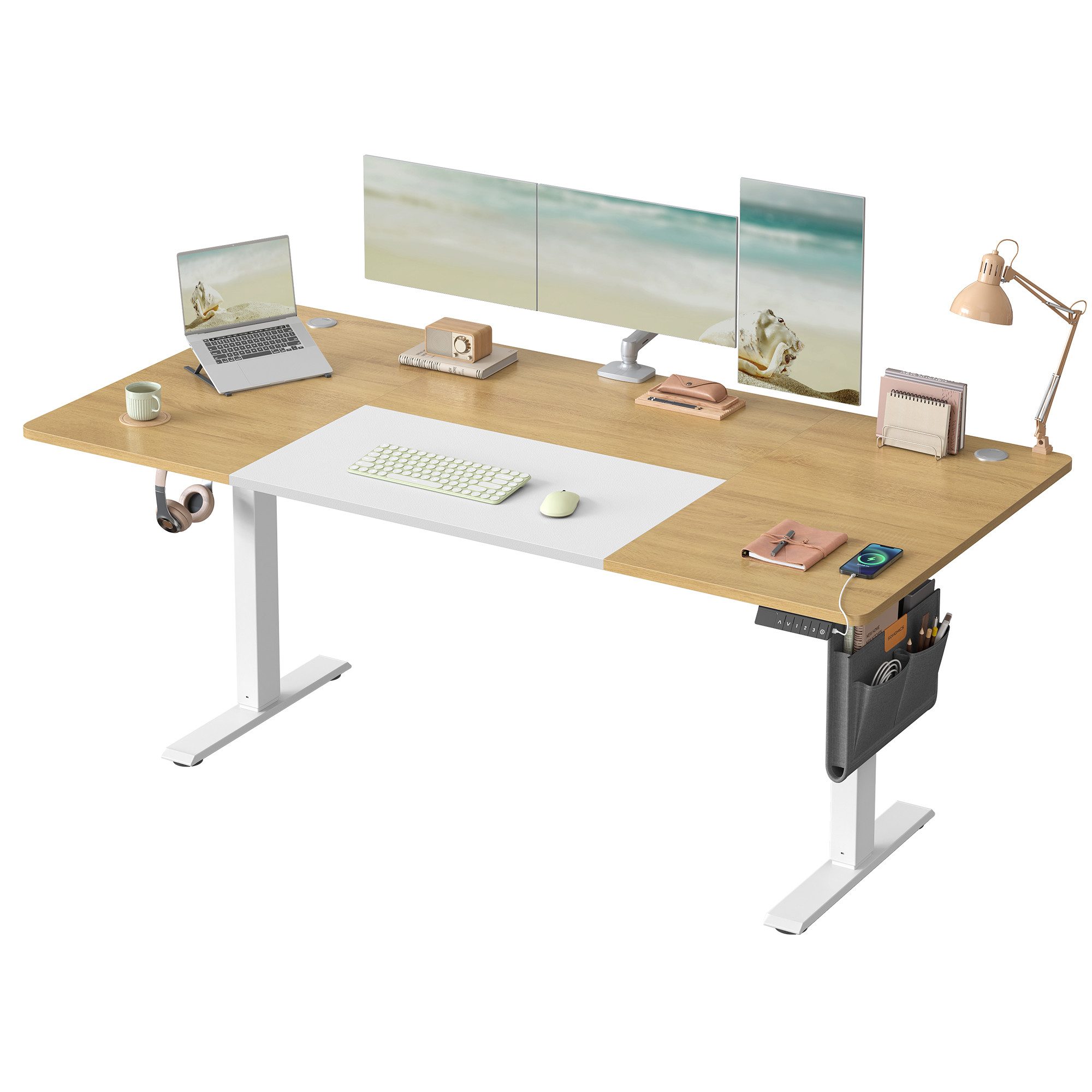 SONGMICS Schreibtisch Höhenverstellbarer elektrisch, USB-C-Anschluss (mit Stoff- Organizer), stufenlos verstellbar, Memory-Funktion mit 4 Höhen, 120/140/160/180 cm