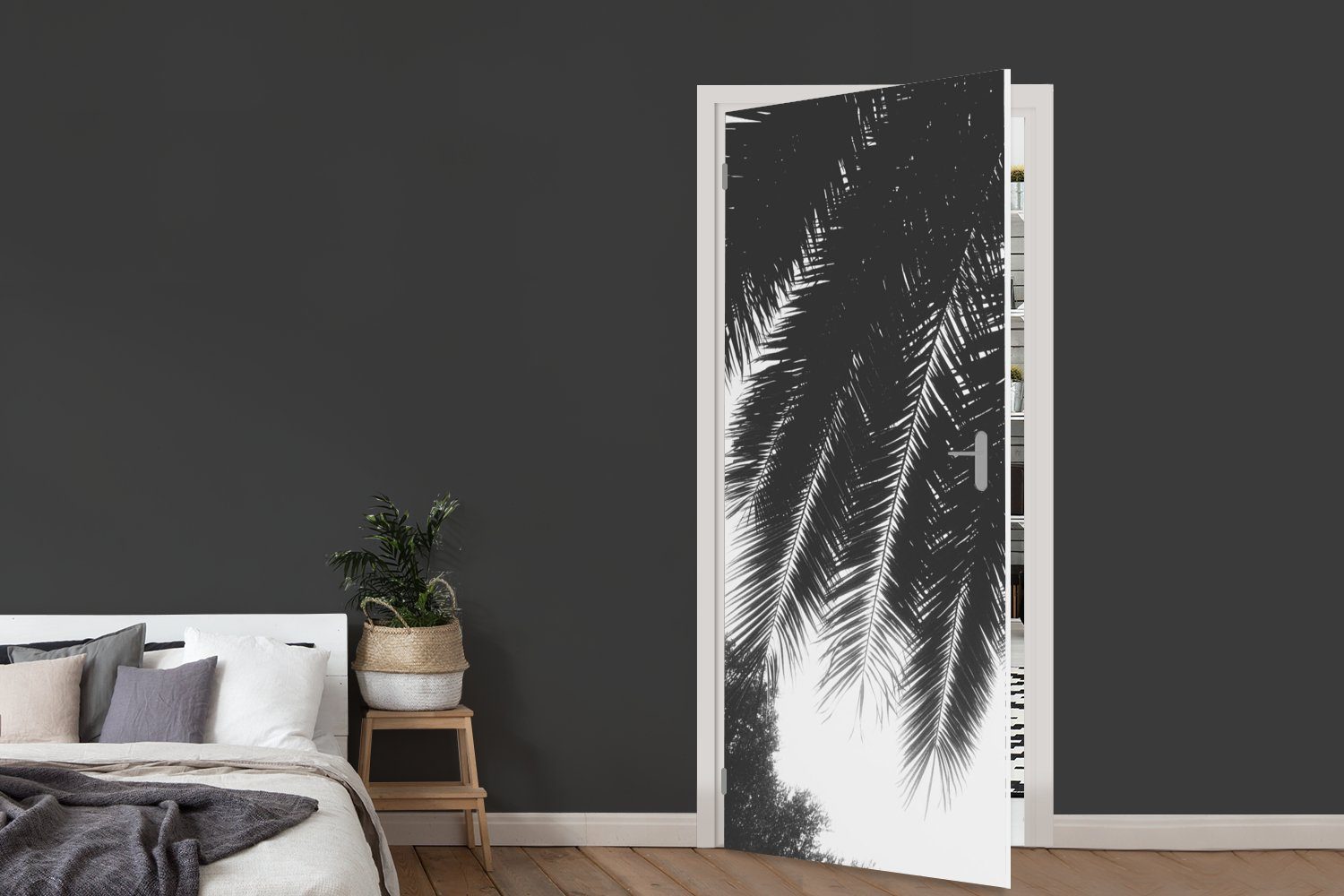 Sonne - Fototapete - bedruckt, Palme, (1 - 75x205 cm St), Palmenblätter Tür, Türtapete Türaufkleber, Matt, MuchoWow für Tropisch
