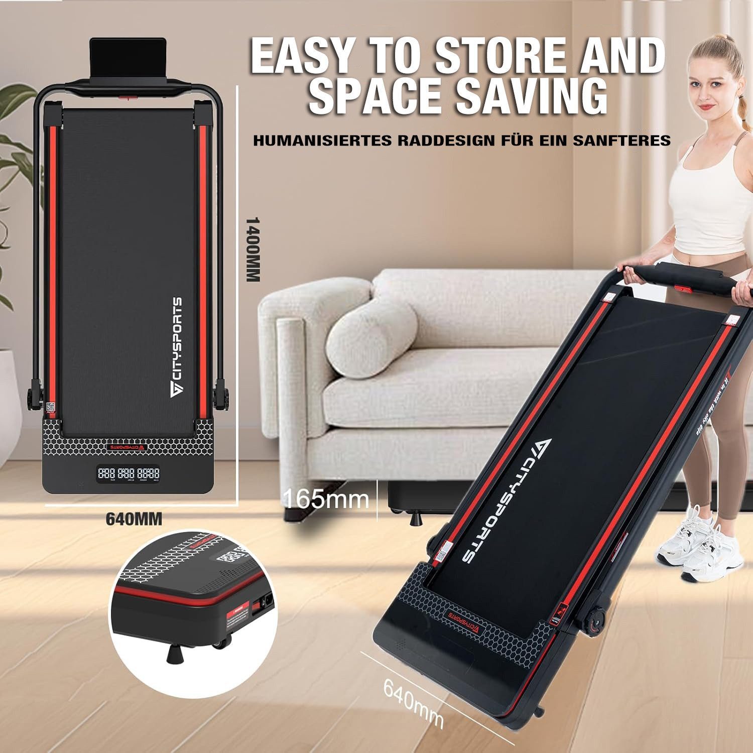 CITYSPORTS Laufband WP3S Klappbares Laufband für Zuhause 1400W Walking/Jogging Pad (Tool kits,Schmiermittel), 1-12km/h Max.Tragfähigkeit 120 kg, Bluetooth APP-Funktion