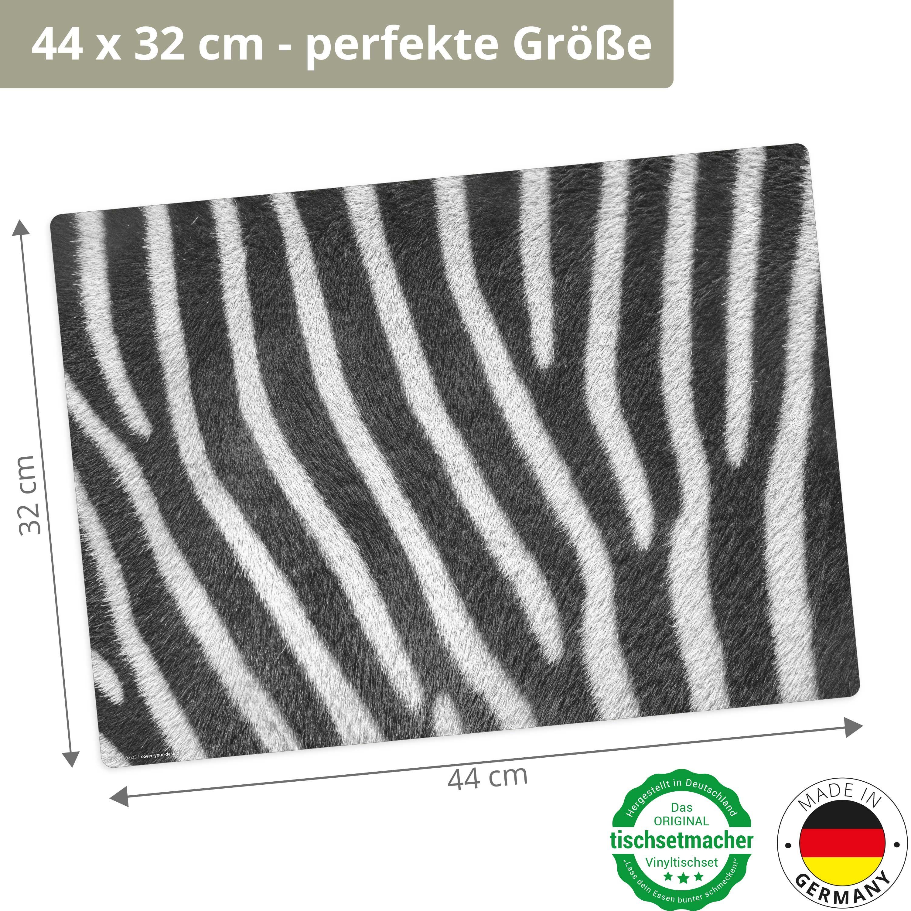 cover-your-desk.de Platzset Tischsets I Platzsets abwaschbar - Zebra Muster, (aus erstklassigem Vinyl (Kunststoff – BPA-frei), 4-St., 44 x 32 cm - rutschfeste Tischdekoration), Made in Germany