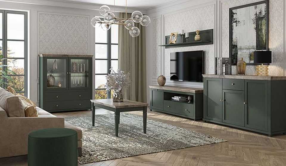 Helvetia Wohnzimmer-Set Evora, (Set, 1 Lowboard - 1 Kommode - 1 Wandregal -  1 Highboard - 1 Couchtisch), B/T/H: 467 cm / 42 - 49 cm / 138 cm