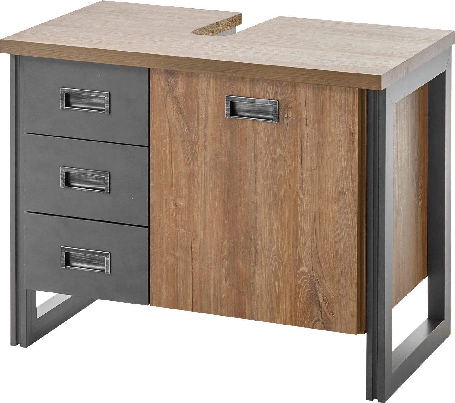 Home affaire Waschbeckenunterschrank Detroit, Waschtisch mit Apothekergriff, Badschrank im Industrialdesign Eiche Dekor, mit Schubladen & Stauraum, Breite 81 cm