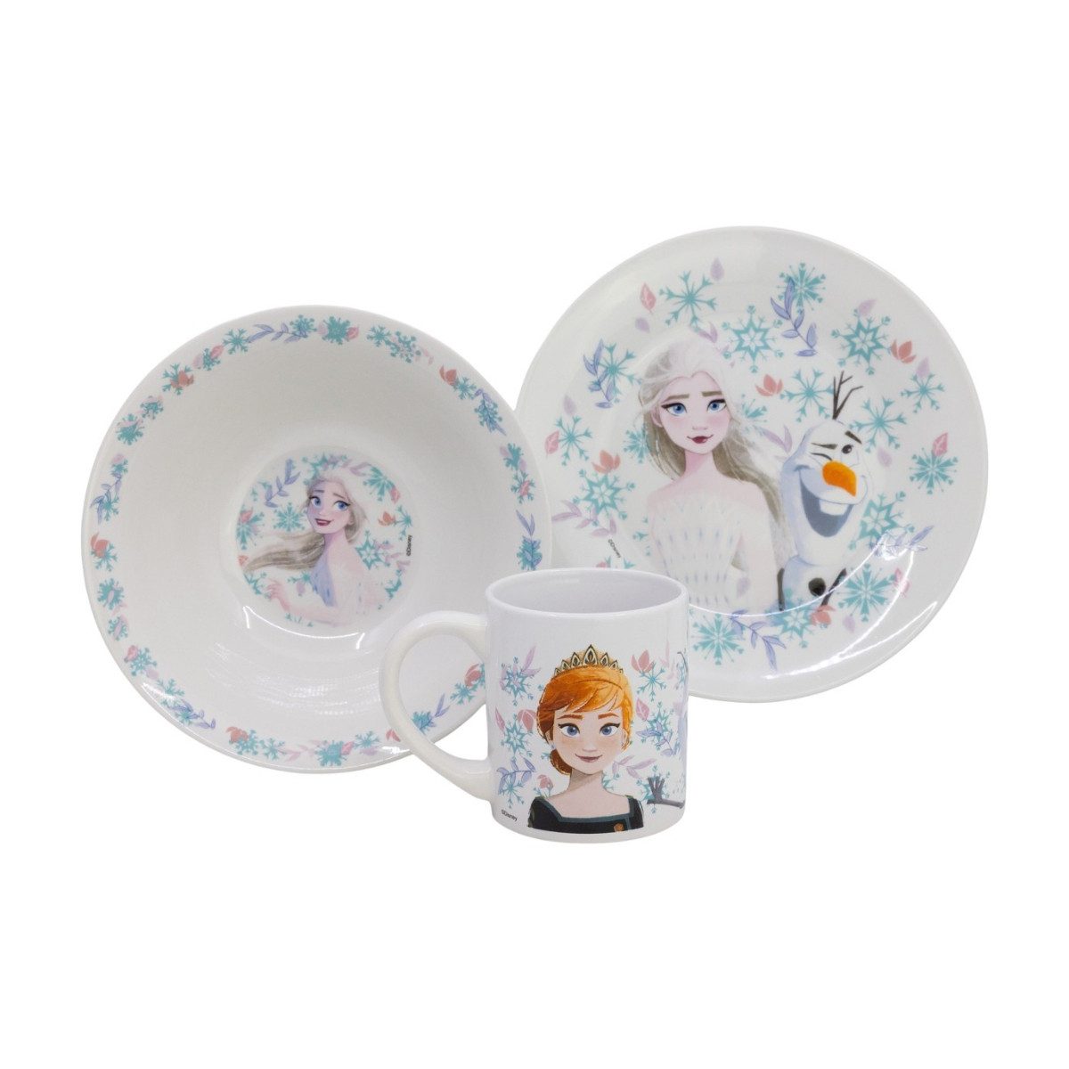 Disney Frozen Kindergeschirr-Set Keramik 3 teilig Teller Schüssel Becher in Geschenkbox (3-tlg), 1 Personen, Keramik, 3 Teilig