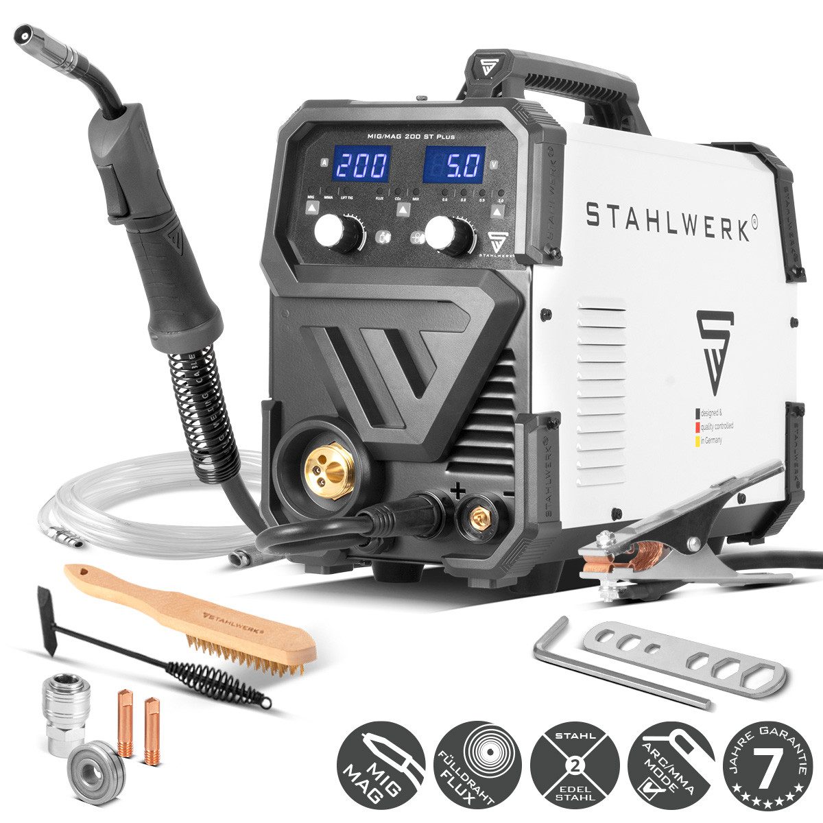 STAHLWERK Schutzgasschweißgerät MIG MAG 200 ST Plus, 20 - 200 A, Packung, 1-tlg., Set, IGBT Inverter mit 200 A