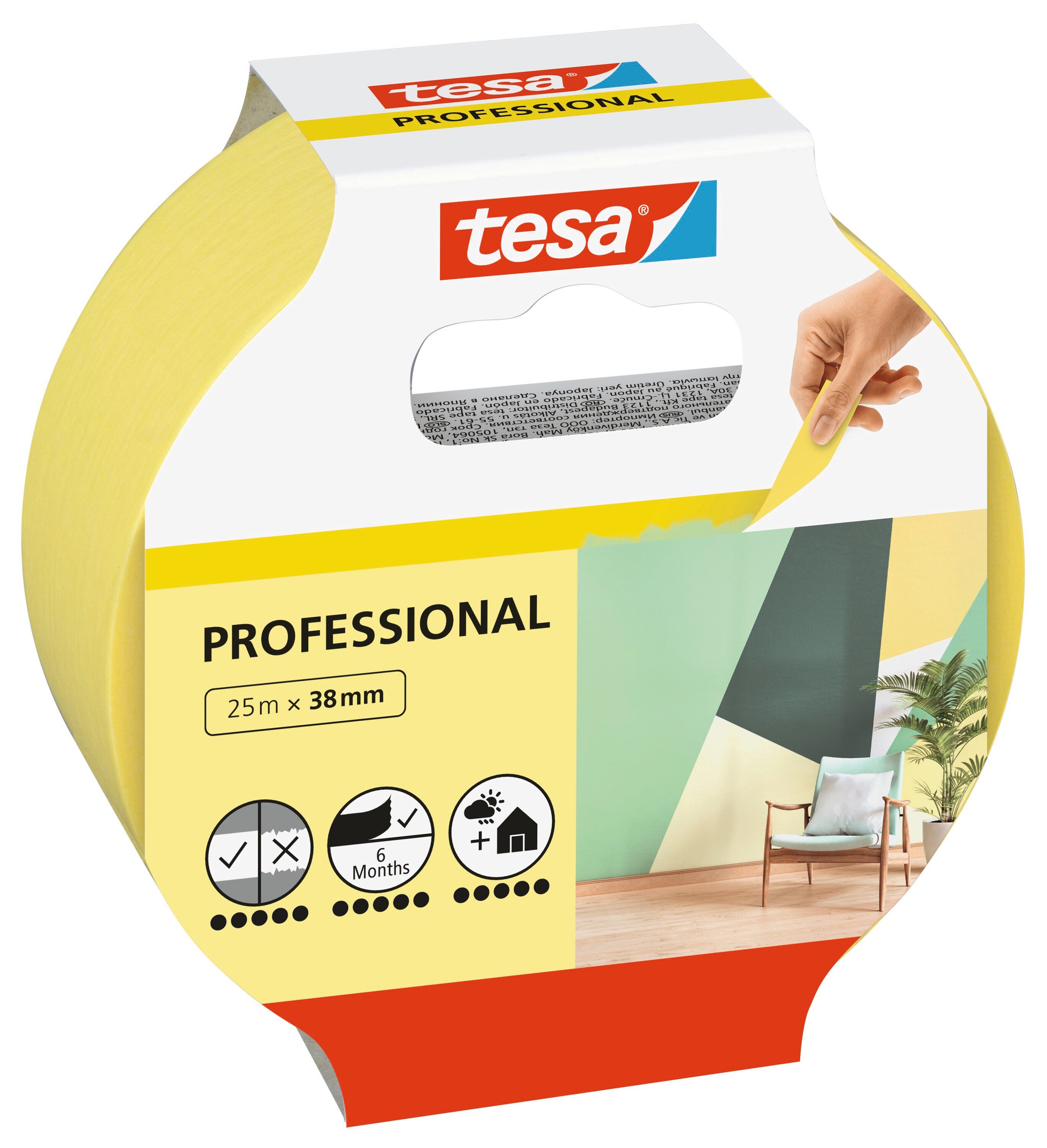 tesa Kreppband PROFESSIONAL Malerband (Packung, 1-St) Abklebeband / Malerband für sauberes Abkleben bei Malerarbeiten - gelb