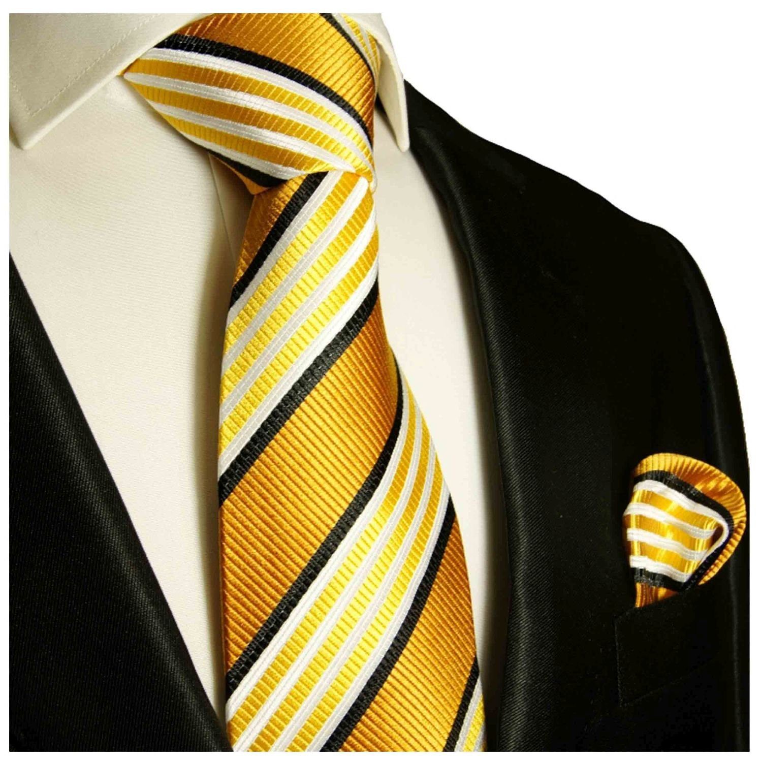 Paul Malone Krawatte Moderne Herren Seidenkrawatte mit Tuch gestreift 100% Seide (Set, 2-St., Krawatte mit Einstecktuch) Breit (8cm), gold orange 264
