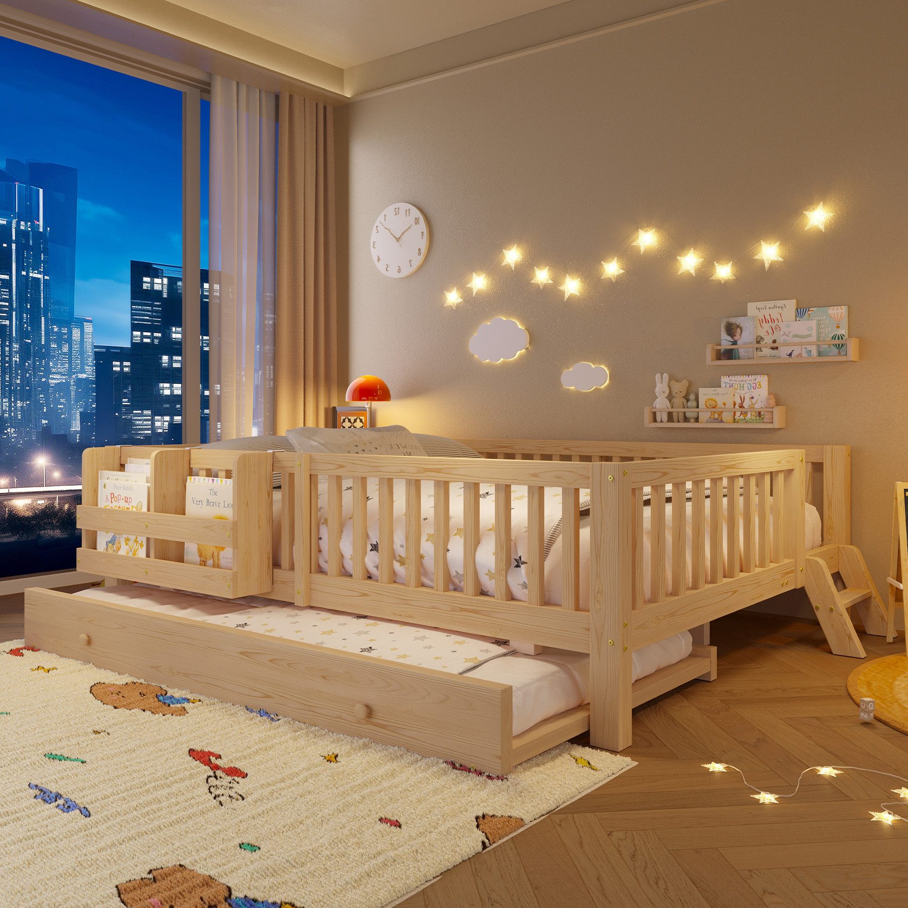 Flieks Massivholzbett, Kinderbett 140x200cm mit Ausziehbett 90x190cm, Ablagefächer, Geländer