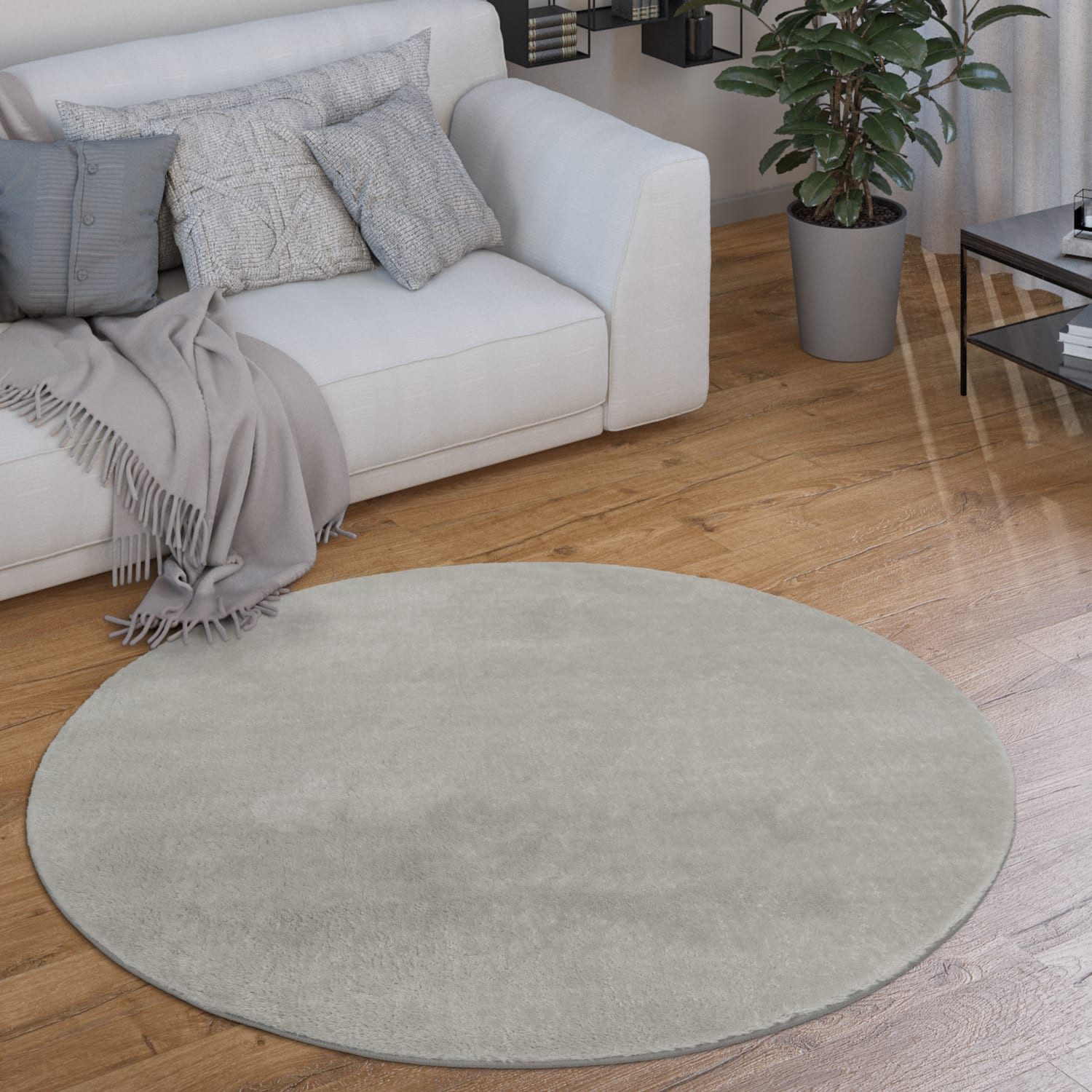 KADIMA DESIGN Teppich waschbar Unifarben Wohnzimmer schmutzabweisend Teppich Kurzflor, Rund, Höhe: 14 mm, Florhöhe: 10 mm, Polyester, Rücken aus Felt + Dots, Rund, 80D, Silber