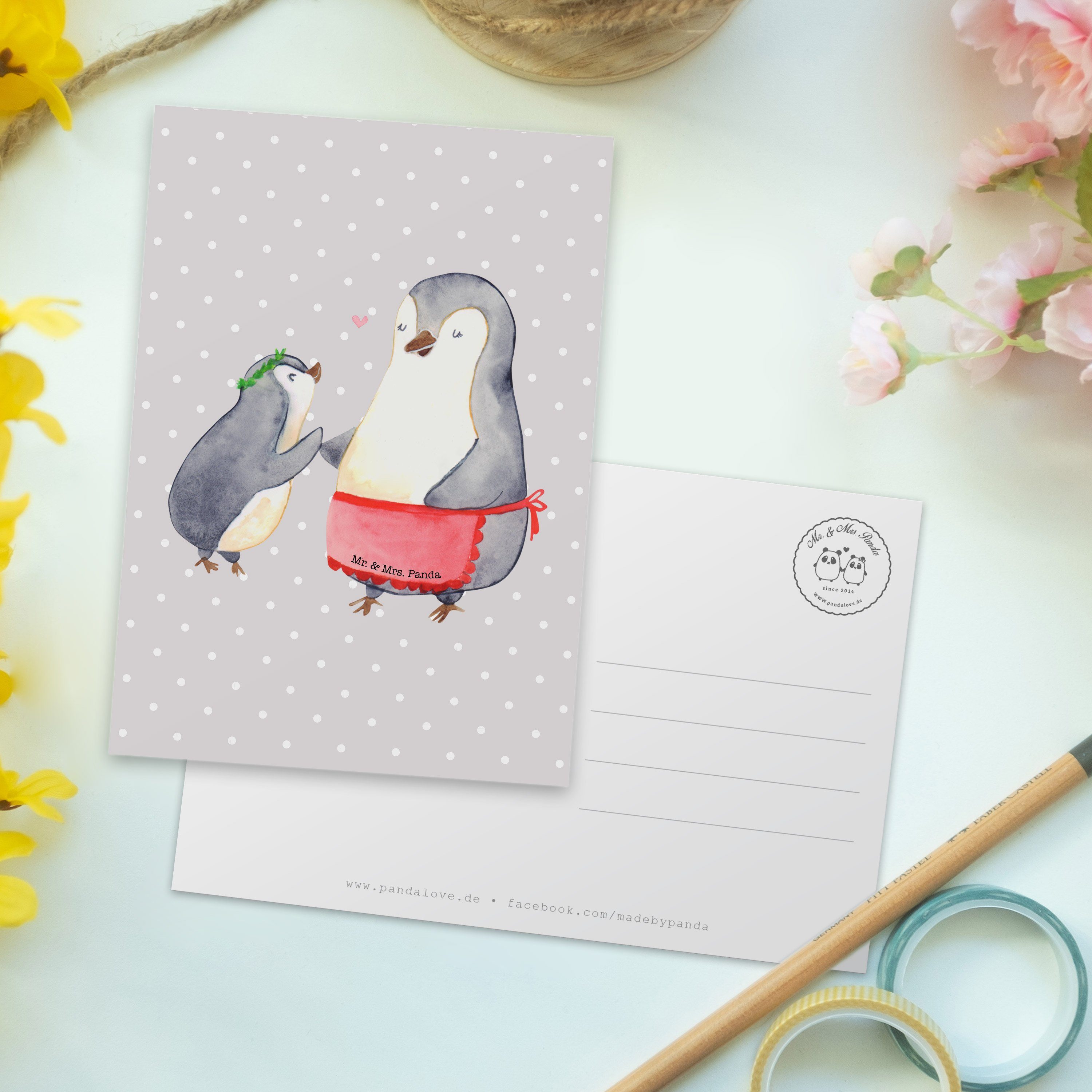 - Kind Postkarte & Mom, Mrs. Panda Pastell Grau - Pinguin mit Mr. Geschenk, Oma Geschenkkarte,