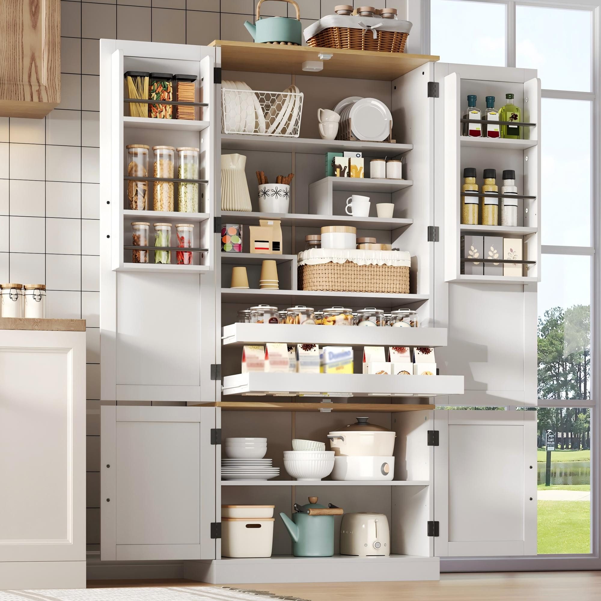 Flieks Hochschrank Küchenschrank mit Bewegungssensor, Schubladen und Türregalen (1-St., 80×40×180 cm) Mehrzweckschrank mit verstellbare Einlegeböden Highboard Weiß