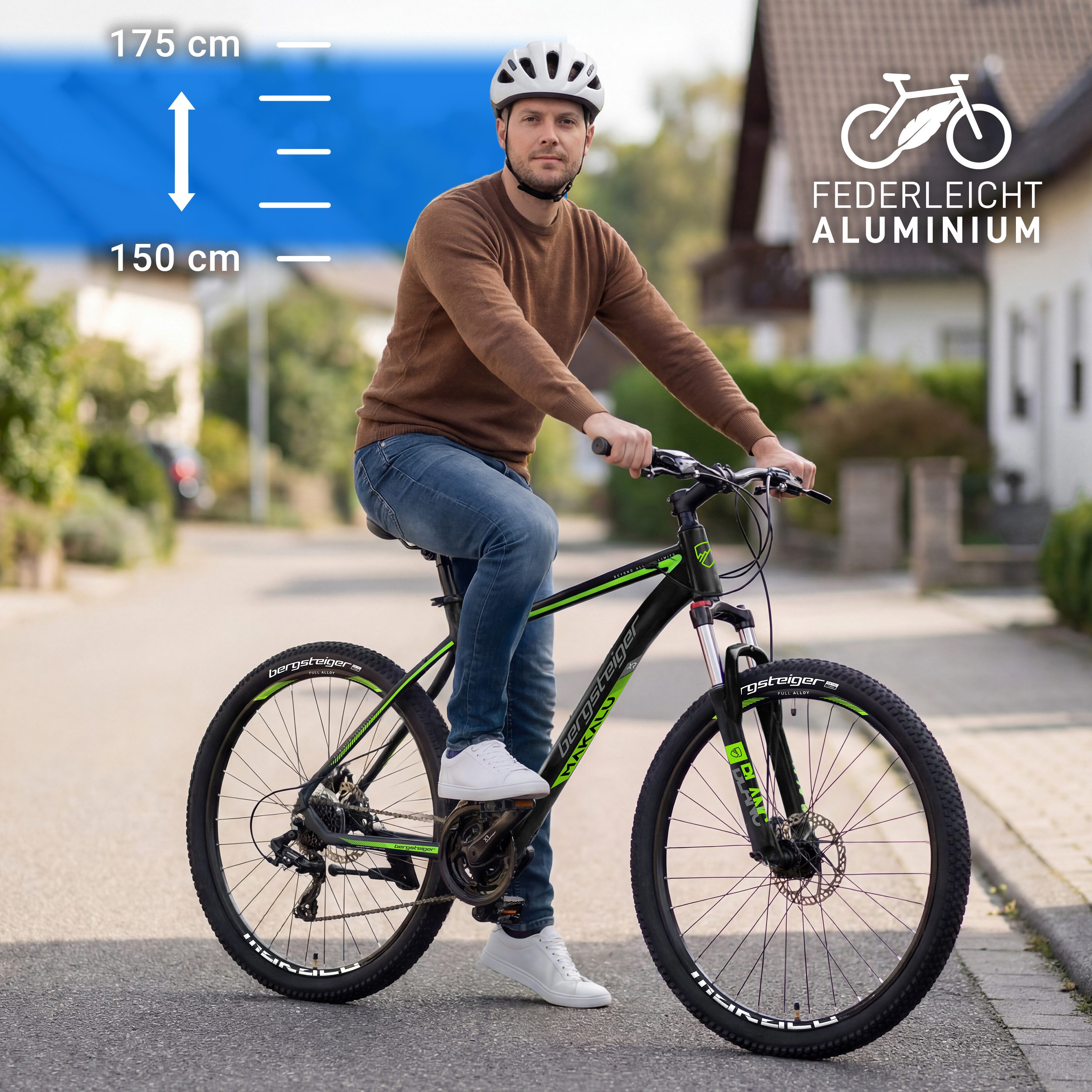 bergsteiger Mountainbike Makalu 26, 29 Zoll Mountainbike Alu, geeignet ab 150 cm, Damen, Herren, 21 Gang Shimano Tourney RD-TY300 Schaltwerk, Kettenschaltung, Scheibenbremsen