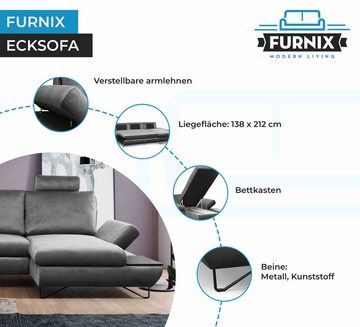 Furnix Ecksofa Loffi Polsterecke mit Schlaffunktion verstellbaren Arm- u. Kopfstützen, Schlaffunktion, Bettkasten, Ablage, Design & Wohlgefühl