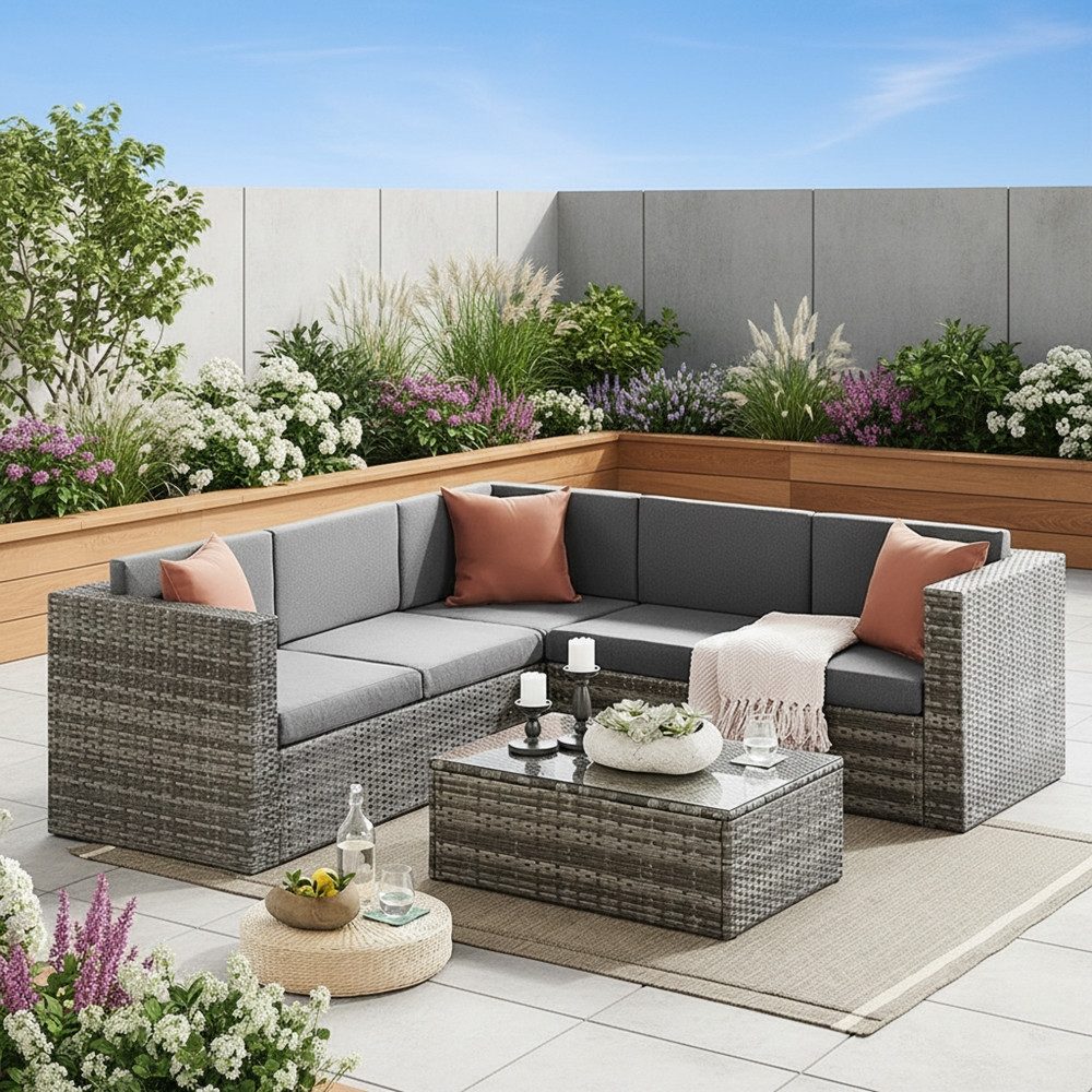 Mucola Gartenlounge-Set Sitzgarnitur Grau Polyrattan Gartenset Rattanlounge Gartenmöbel, (Set, 2-tlg., Tisch mit Ecksofa), inkl. Auflagen und Staufach