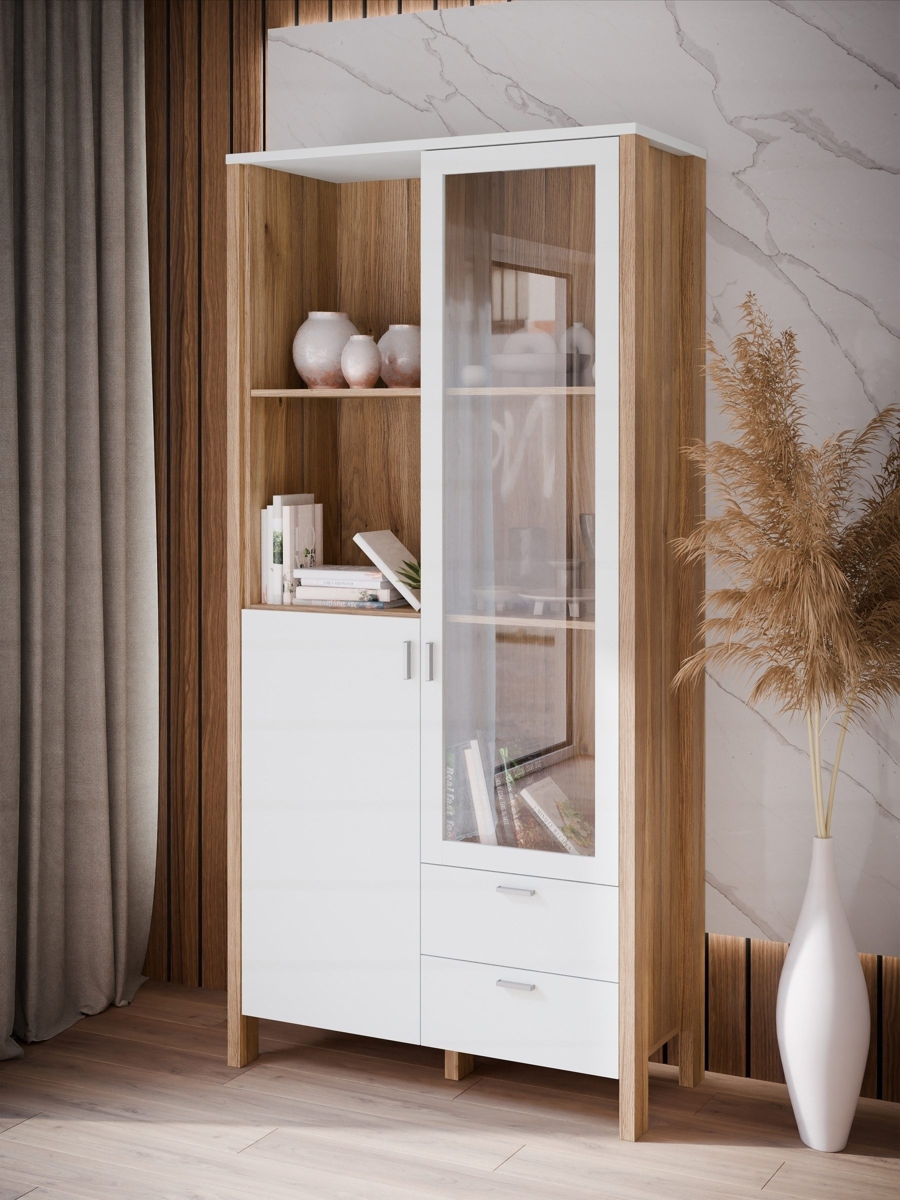 freiraum Vitrine Saitama 2 Schübe, Mauvella Eiche Dekor / grau - 96,7x201,7 günstig online kaufen