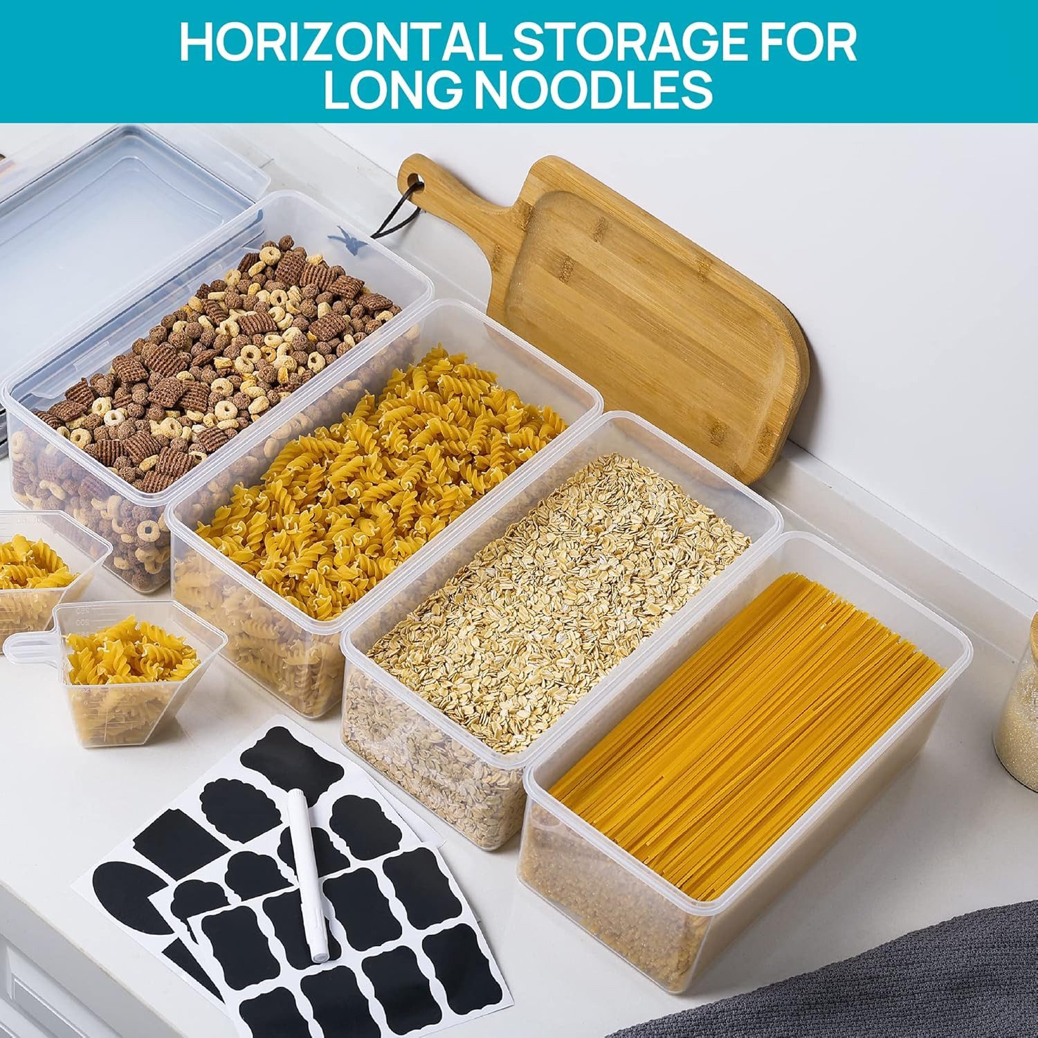 Refined Living Vorratsdose 3.2L Vorratsdosen mit Deckel 4er Set,Frischhaltedose, Aufbewahrungsbox, BPA-freier, bruchsicherer Kunststoff, (Frischhaltedose, Spaghetti Aufbewahrung Pasta Vorratsbehälter, Aufbewahrungsbox Küche, Aufbewahrungsdosen Set, Küchenorganisation, Müsli Cornflakes Behälter, Lebensmittelbehälter luftdicht, Vorratsbehälter, Horizontale Lagerung, Luftdicht & Frischhaltung, 4-tlg., Lebensmittelbehälter Kunststoff mit Etiketten & Messbecher, BPA-frei), Großes Fassungsvermögen, für Nudeln,Müsli,Cornflakes,Nüsse,Snacks