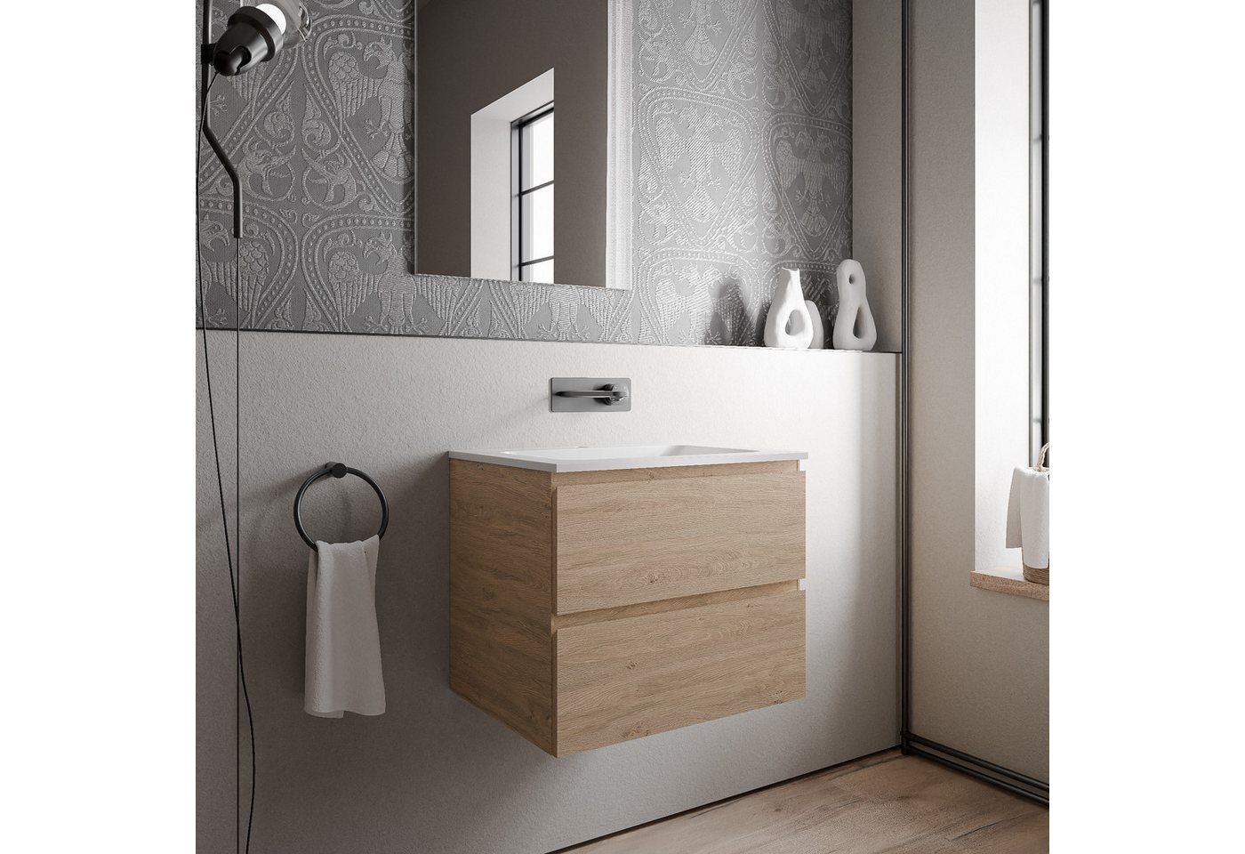 Bernstein Waschbeckenunterschrank AVA Eiche honiggold 60cm Waschbecken Weiß matt ohne Hahnloch Waschtischunterschrank mit Mineralguss-Waschbecken 2 Schubladen