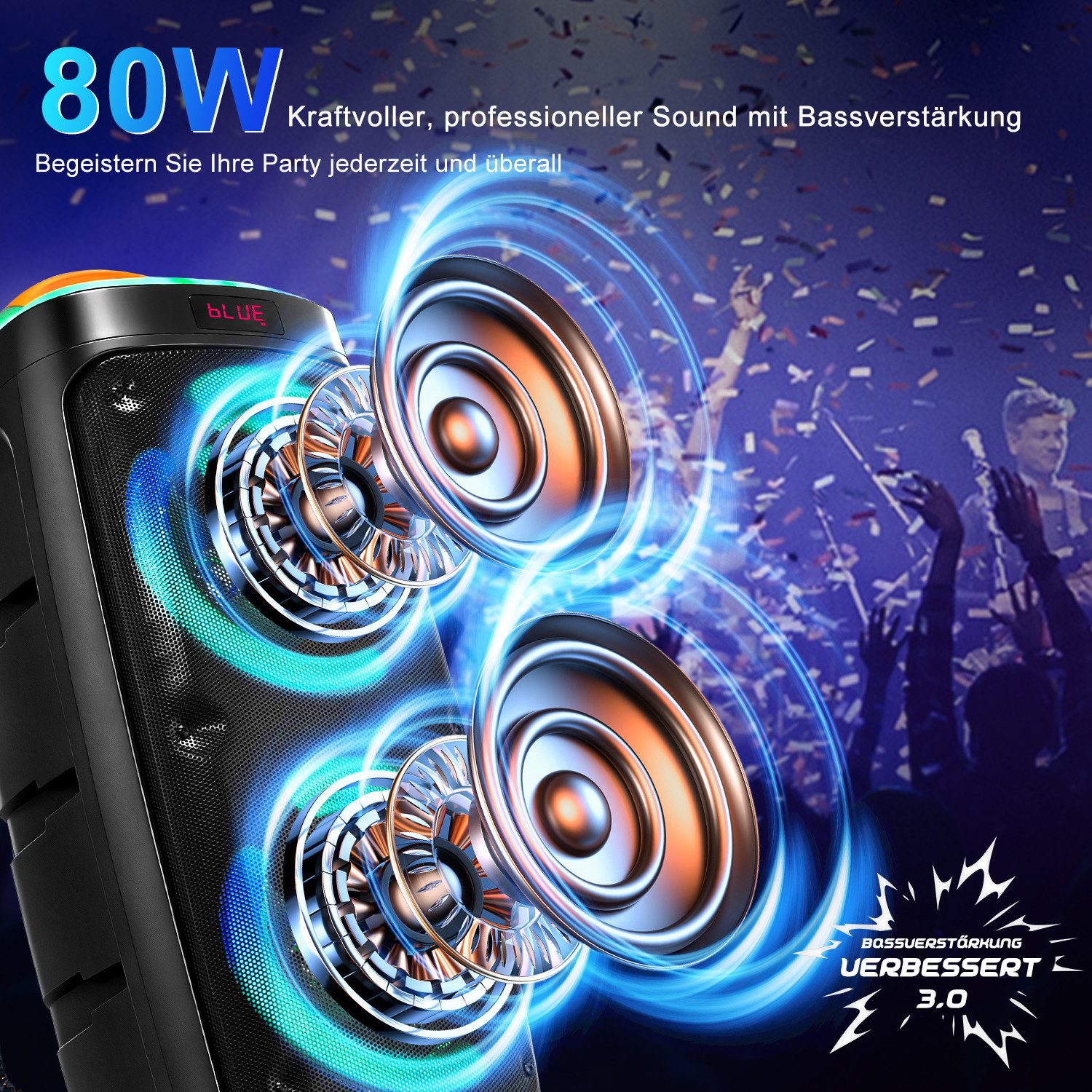 CkeyiN CS-8811 Kabelloser Bluetooth-Partylautsprecher mit Kraftvollem Sound Party-Lautsprecher (Bluetooth, 30 W, mit Mikrofon, TWS, 4 RGB-Flammenlichteffekte, AUX, USB, Radio)