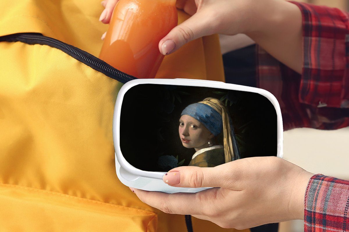 MuchoWow Vermeer dem Mädchen Jungs für Kunststoff, Erwachsene, mit für und (2-tlg), und - Mädchen - Das Kinder Brotdose, weiß Perlenohrring Brotbox Lunchbox Pflanzen,