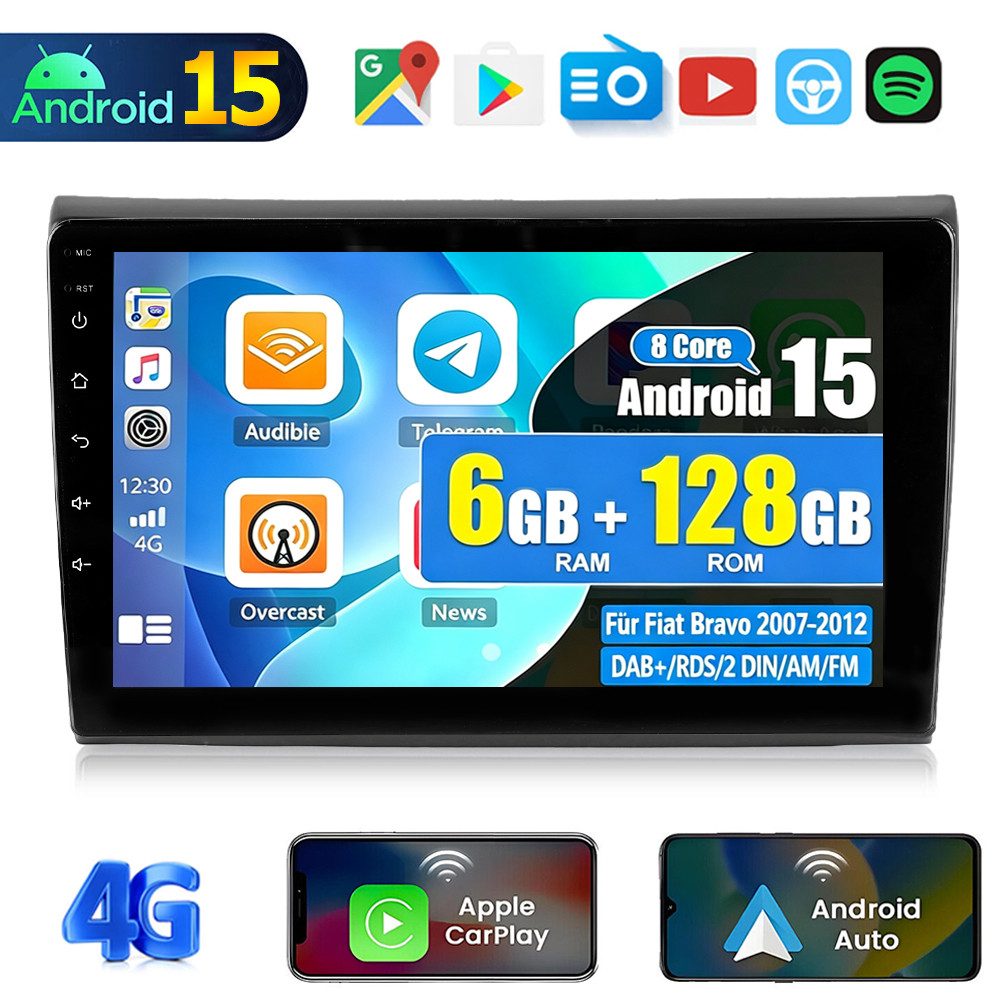 ESSGOO 8Core DAB+ 9'' 6+128G Android15 Für Fiat Bravo II 2007-2012 Carplay BT Autoradio (RDS, 6GB+128GB, 4G LTE, Digitalradio (DAB), DAB (optional), FM, 8-Core, SWC, Apple Carplay Android Auto GPS Navi WIFI BT EQ)