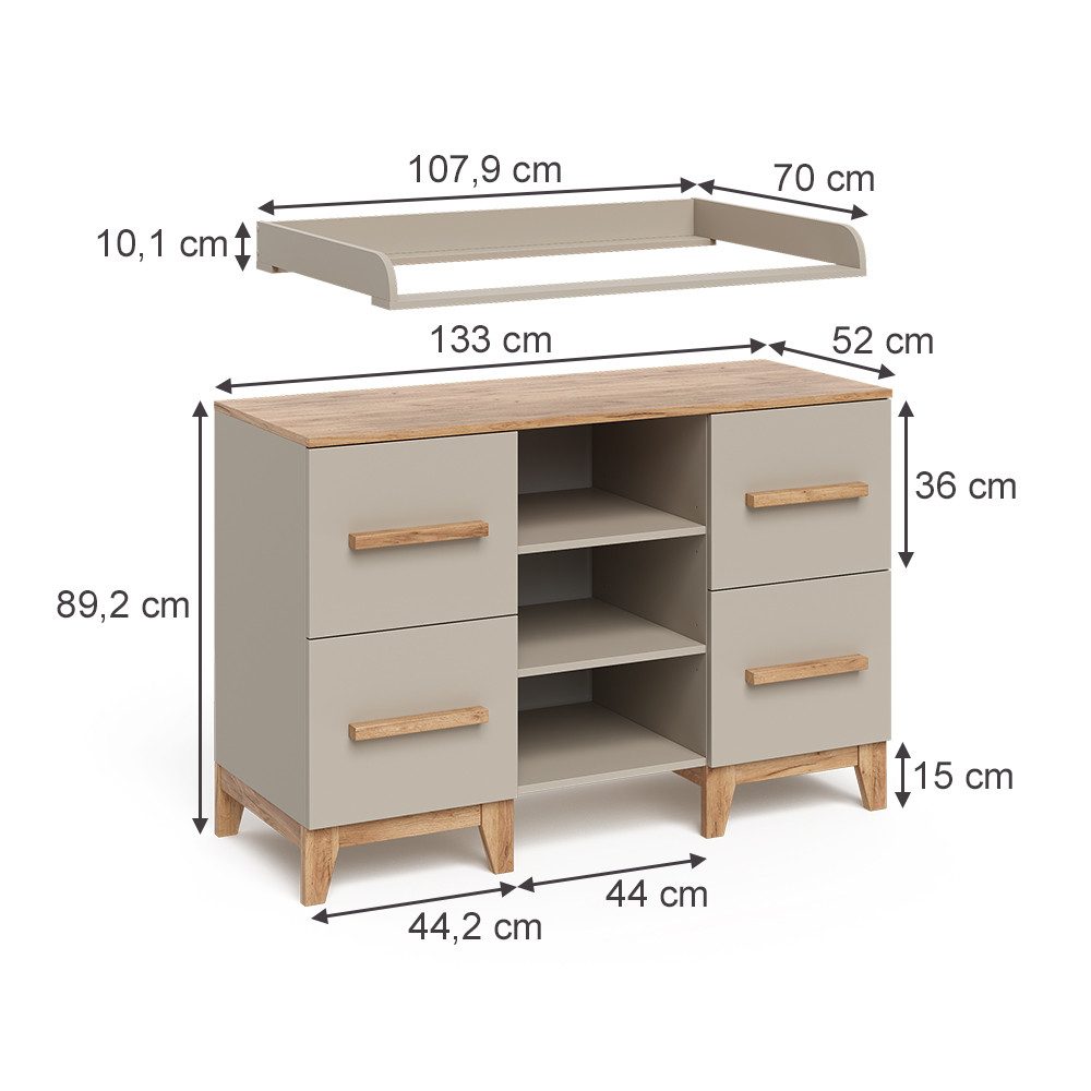 VitaliSpa® Wickelkommode Malia, Cashmere/Artisan/Artisan, 133 x 98 cm XL mit 4 Schubladen